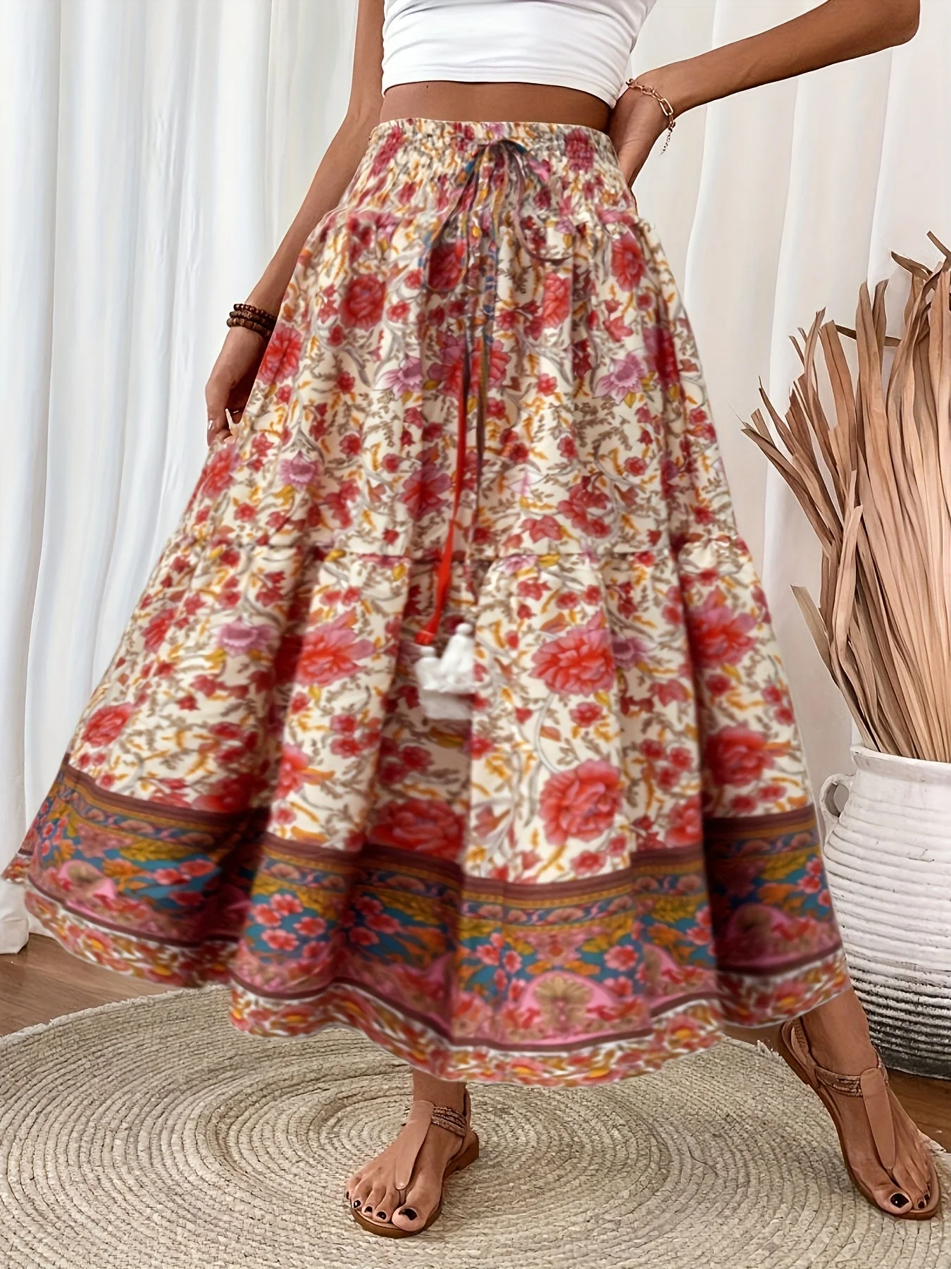 Damen Boho Maxirock mit Blumenmuster und Kordelzug – Eleganter Sommerrock für Freizeit und Urlaub - Image 2