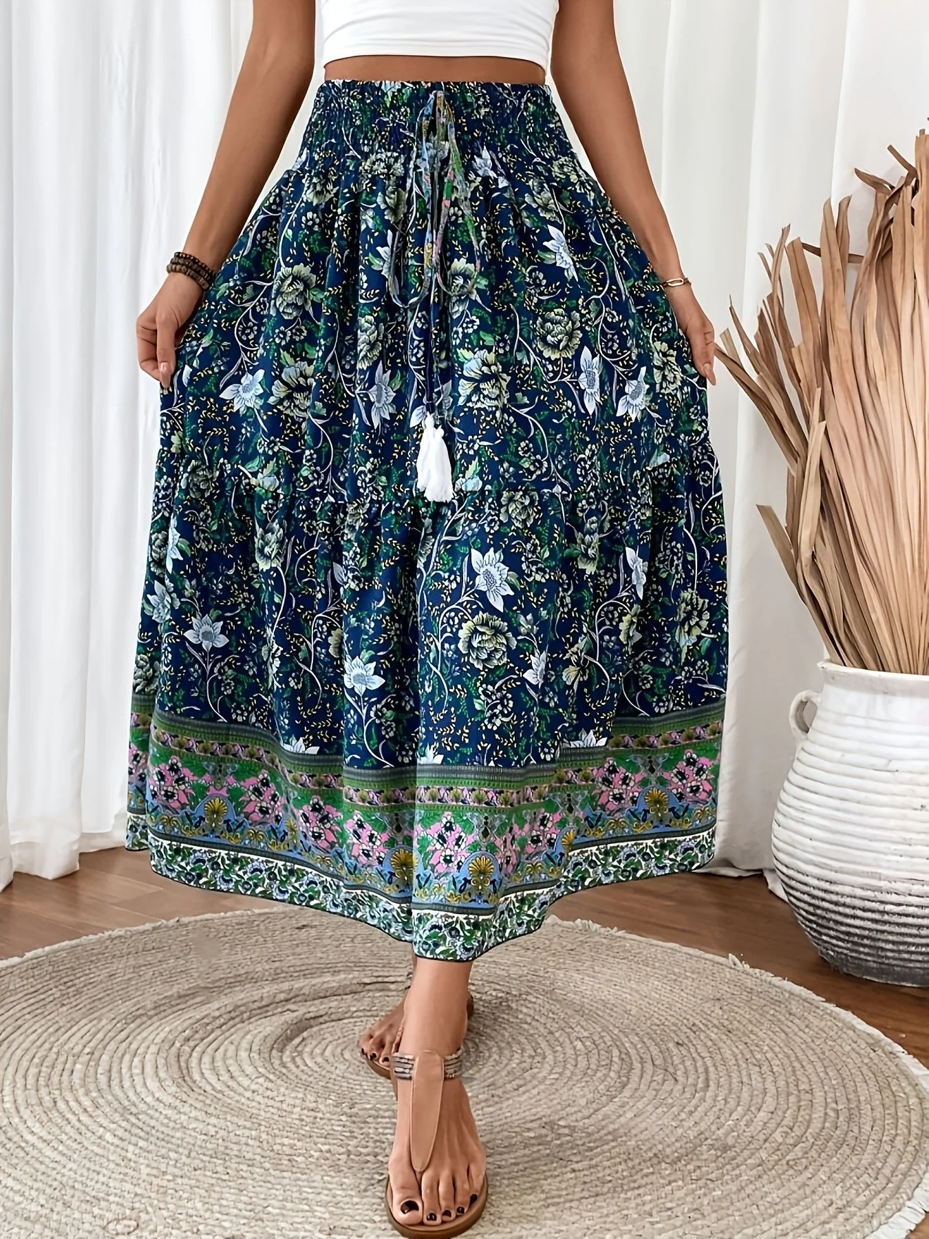 Damen Boho Maxirock mit Blumenmuster und Kordelzug – Eleganter Sommerrock für Freizeit und Urlaub - Image 3