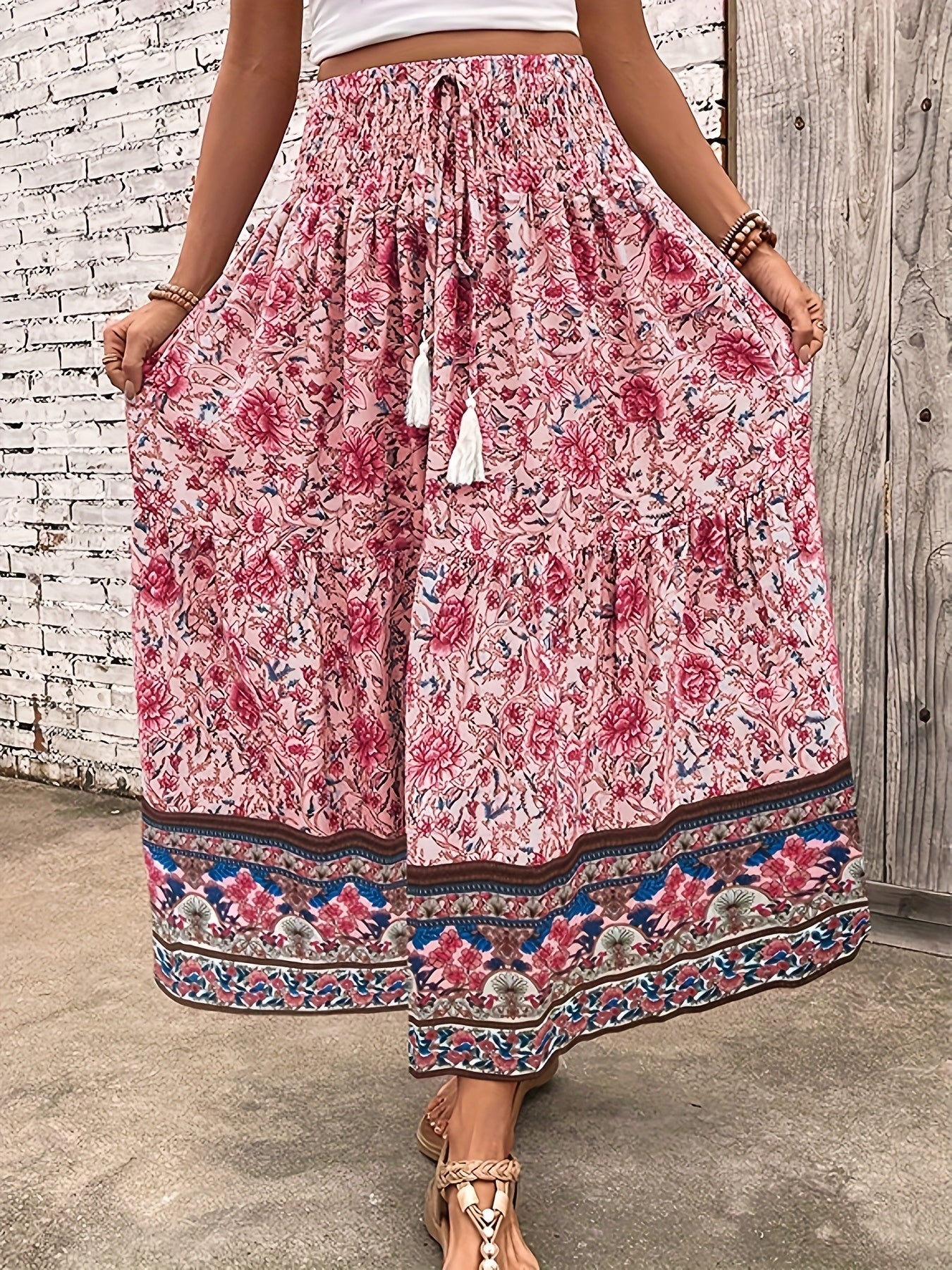 Damen Boho Maxirock mit Blumenmuster und Kordelzug – Eleganter Sommerrock für Freizeit und Urlaub - Image 4