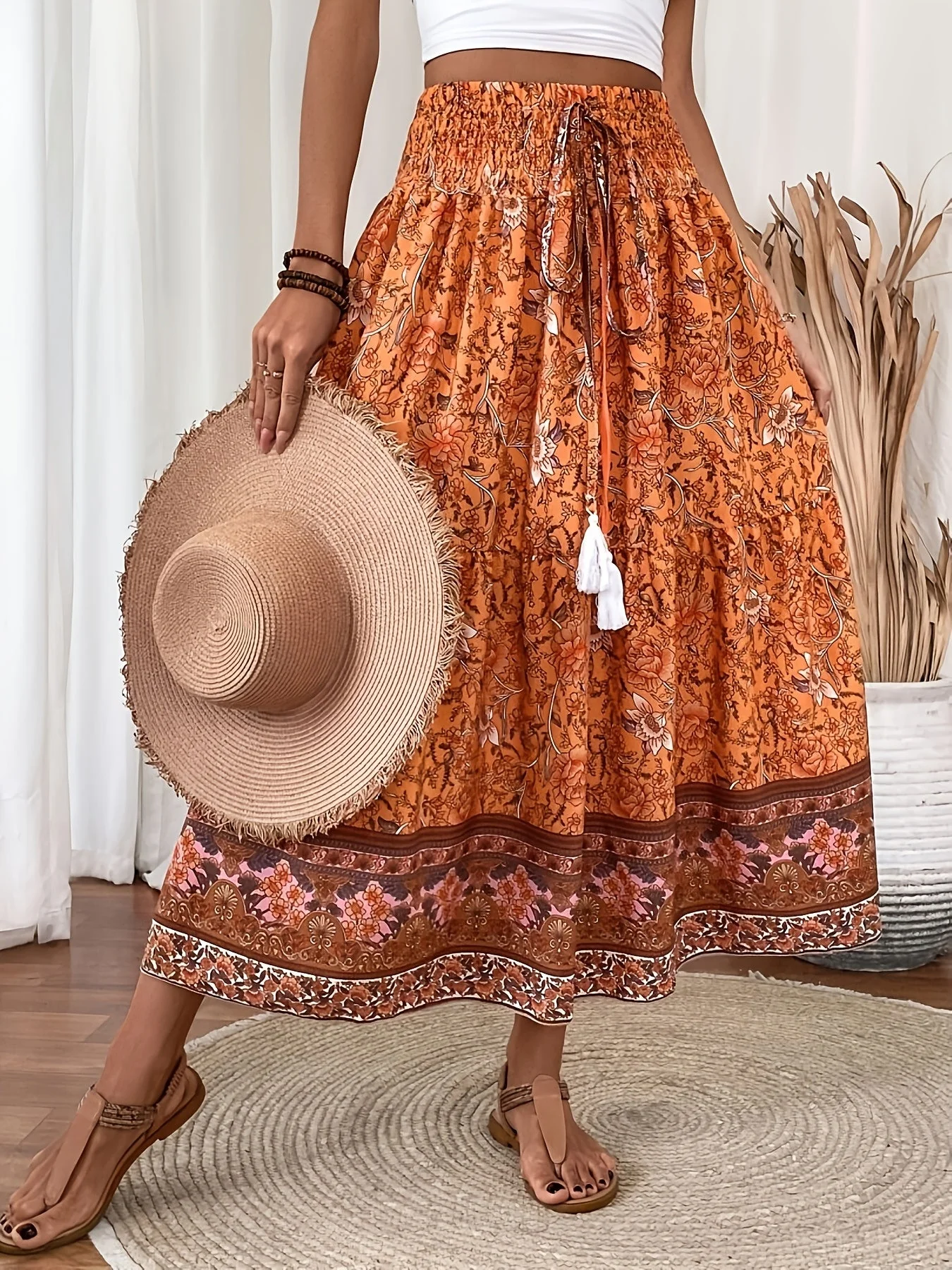 Damen Boho Maxirock mit Blumenmuster und Kordelzug – Eleganter Sommerrock für Freizeit und Urlaub - Image 5