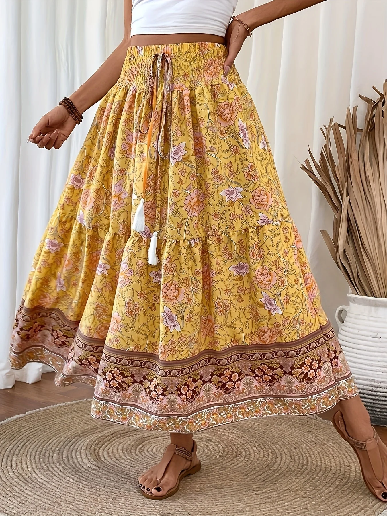 Damen Boho Maxirock mit Blumenmuster und Kordelzug – Eleganter Sommerrock für Freizeit und Urlaub - Image 7