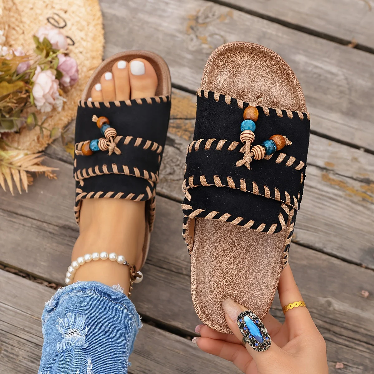Damen Boho Slide Sandalen mit Perlen und Stickerei – Sommer Freizeit Schuhe