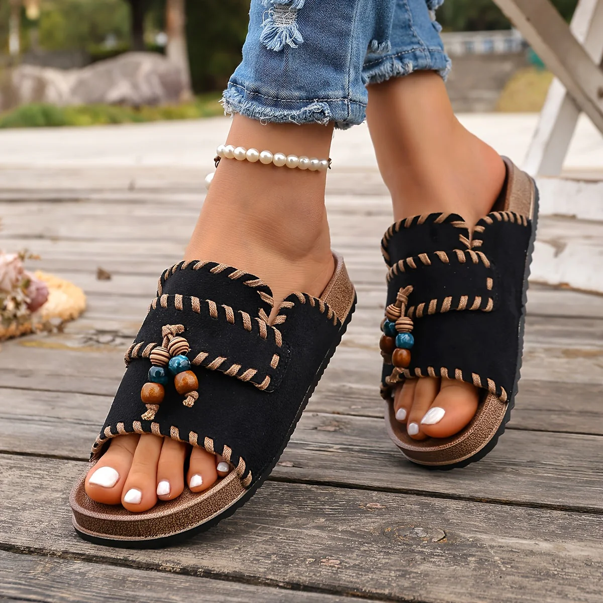 Damen Boho Slide Sandalen mit Perlen und Stickerei – Sommer Freizeit Schuhe - Image 2