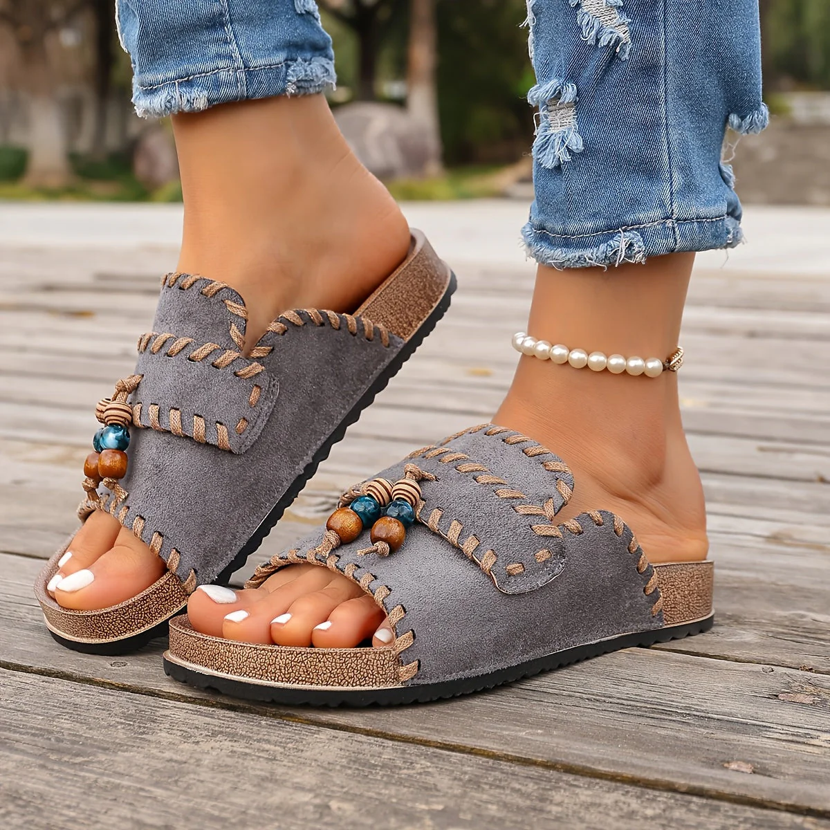 Damen Boho Slide Sandalen mit Perlen und Stickerei – Sommer Freizeit Schuhe - Image 4