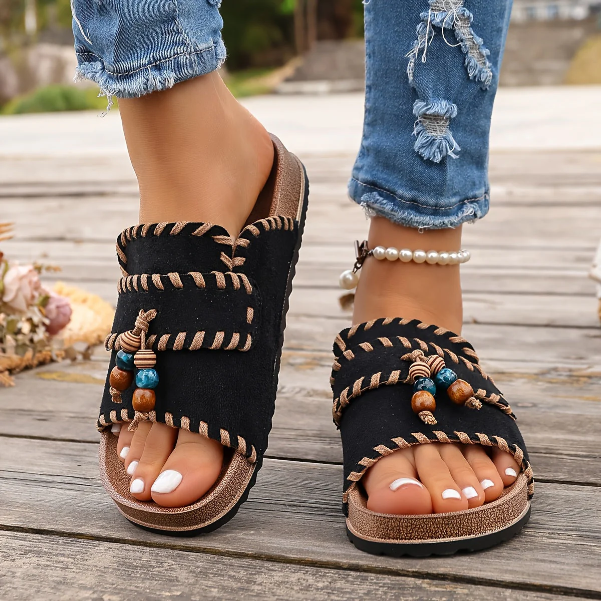 Damen Boho Slide Sandalen mit Perlen und Stickerei – Sommer Freizeit Schuhe - Image 8