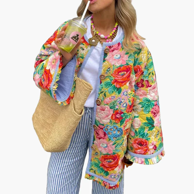 Damen Boho Steppjacke mit Blumenmuster – Lässiger Frühlings- und Sommerlook