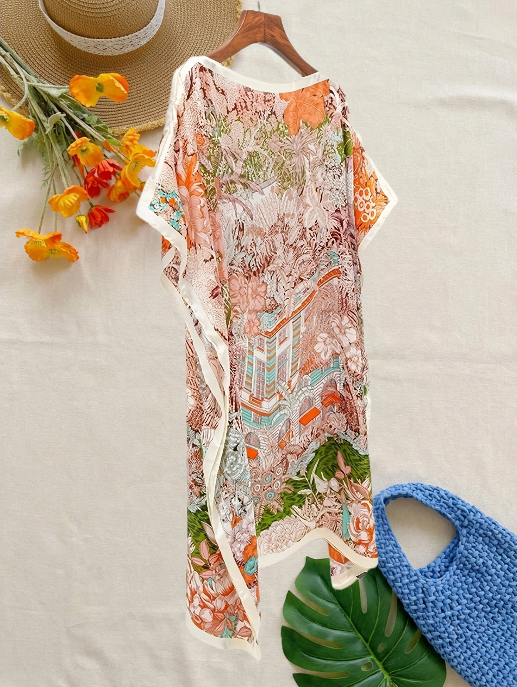 Damen Boho Strandponcho – Asymmetrisch, Floralmuster, Perfekt für Urlaub & Sommer