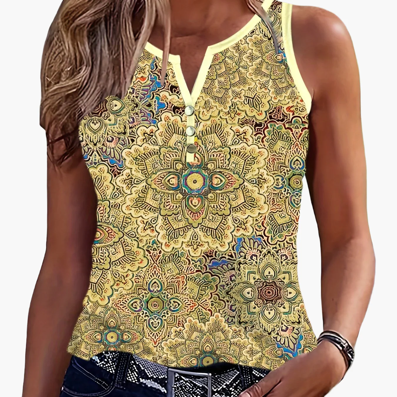 Damen Boho Top mit Tribal-Muster und Knopfleiste – Modisches Sommer Tanktop für Freizeit - Image 14