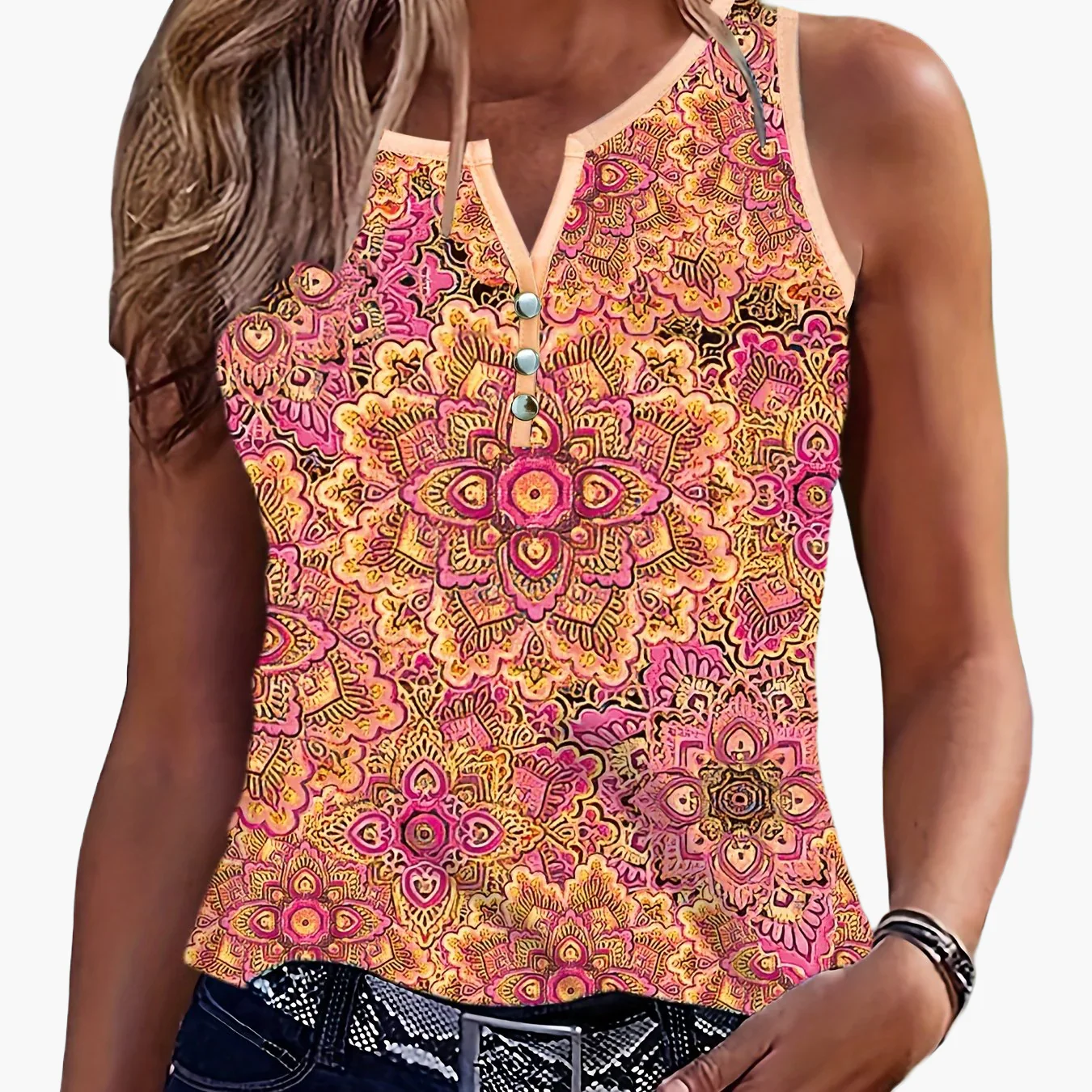 Damen Boho Top mit Tribal-Muster und Knopfleiste – Modisches Sommer Tanktop für Freizeit - Image 16
