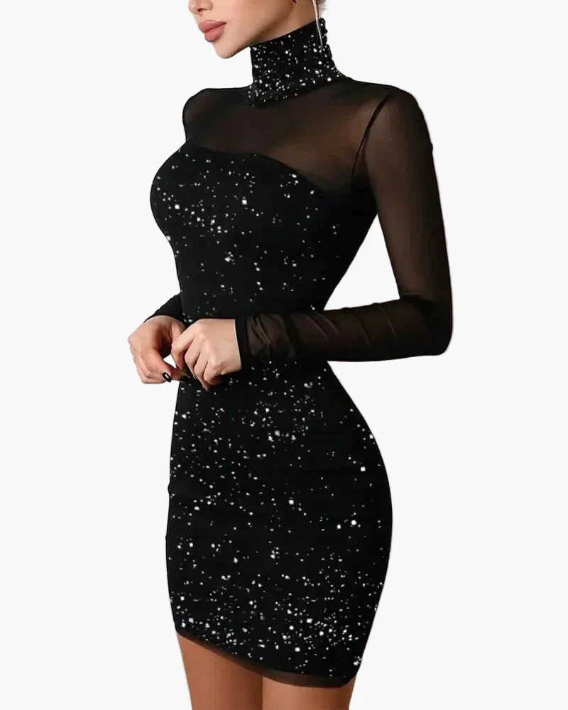 Damen Cocktailkleid mit Sternenmuster, elegantes Party-Outfit, figurbetont, Langarm