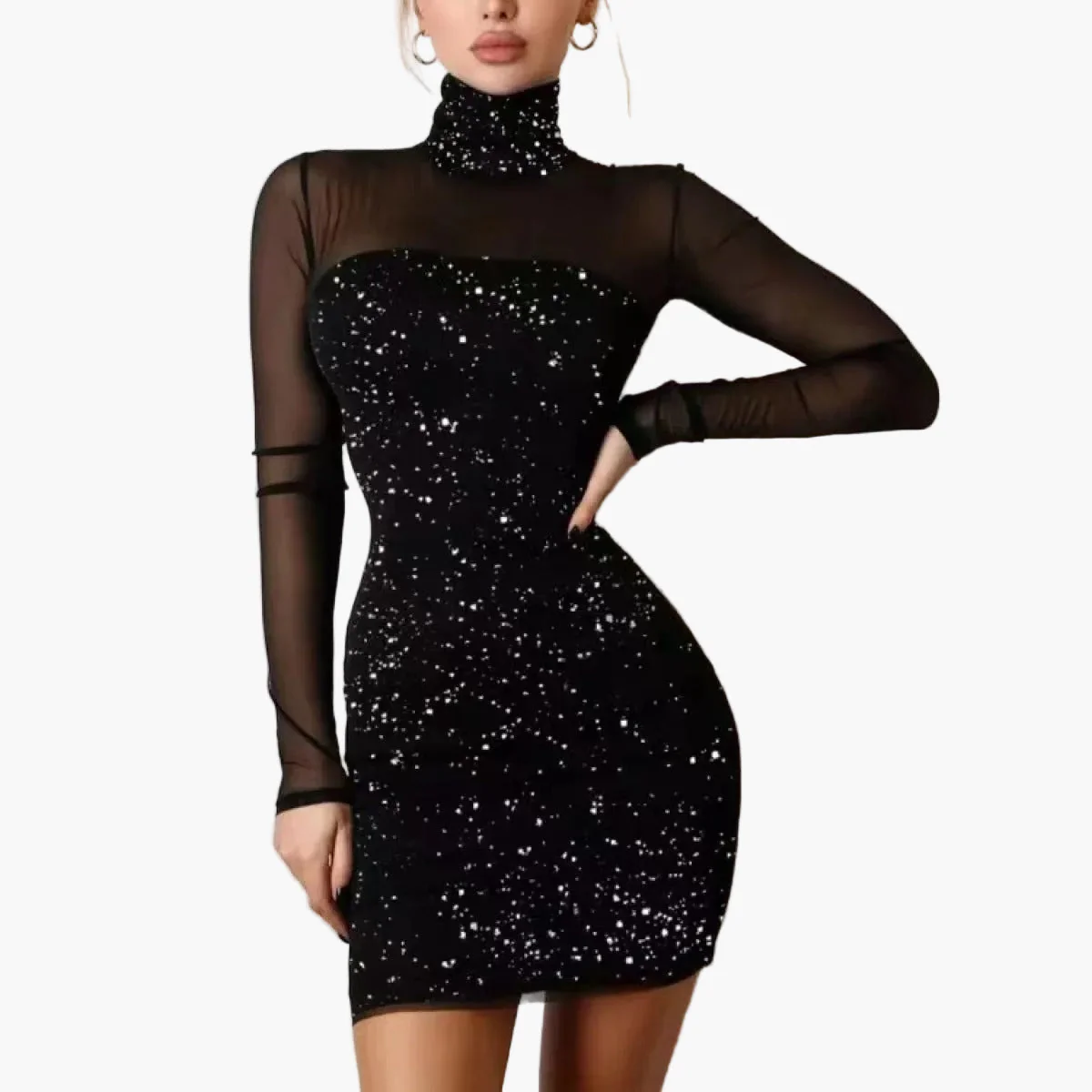 Damen Cocktailkleid mit Sternenmuster, elegantes Party-Outfit, figurbetont, Langarm - Image 2