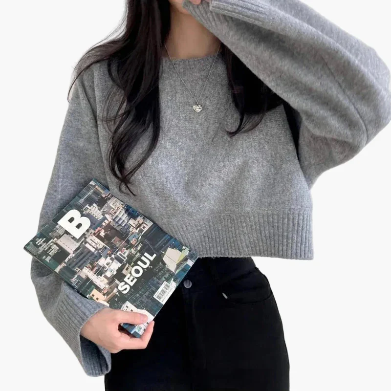 Damen Cropped Pullover mit weitem Ärmel – Modischer Freizeit-Look für Alltag und Büro - Image 4