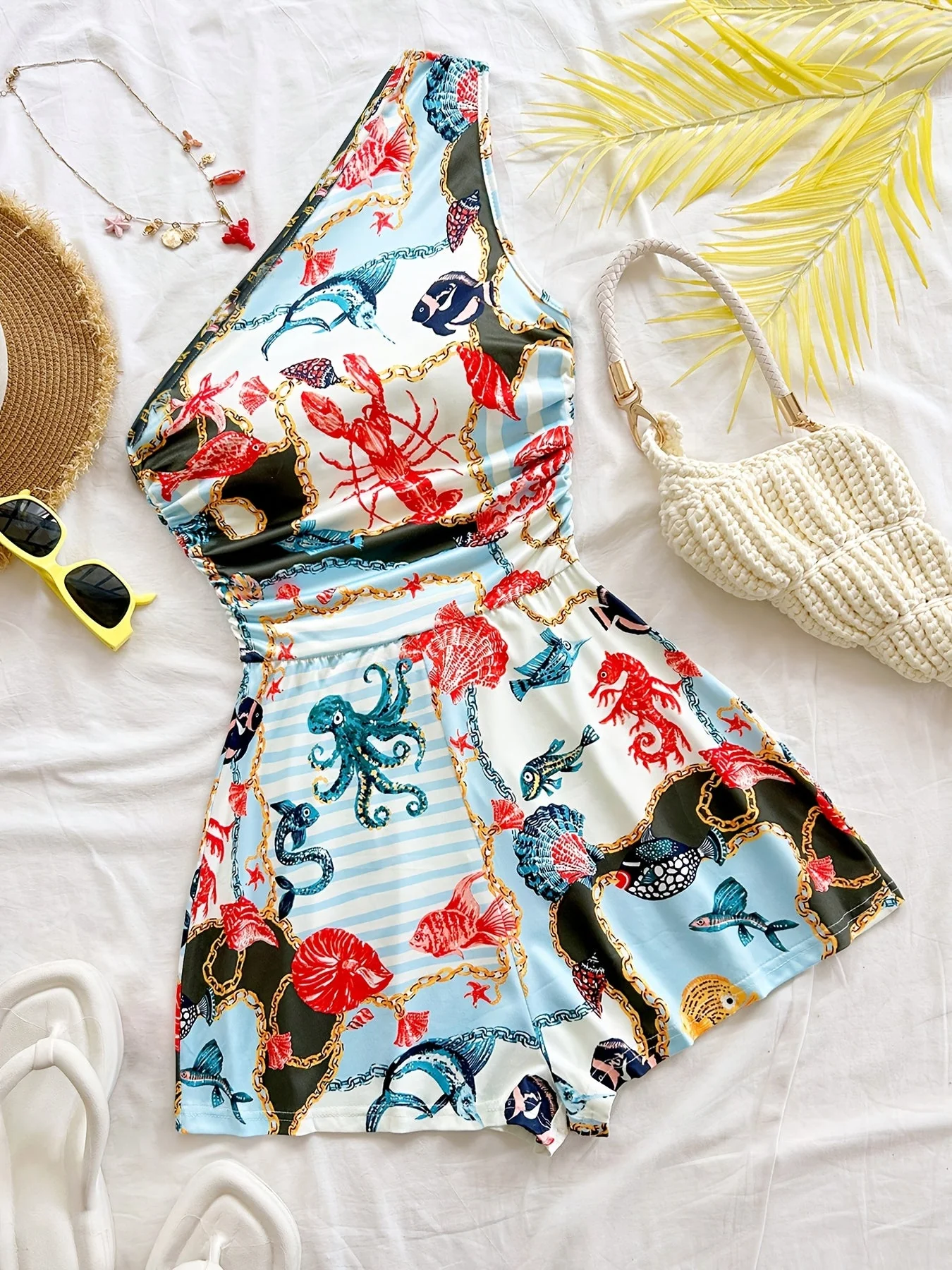Damen Ein-Schulter Jumpsuit mit tropischem Print – Sommermode für Urlaub & Freizeit - Image 2