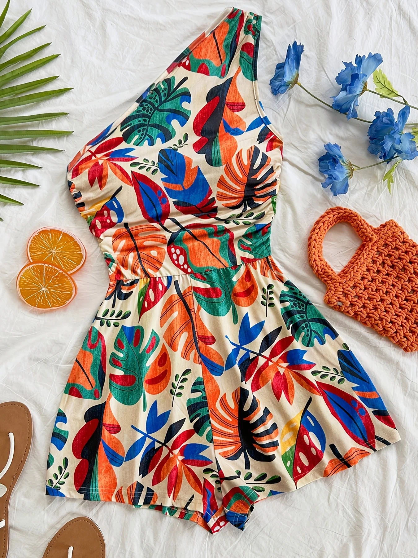 Damen Ein-Schulter Jumpsuit mit tropischem Print – Sommermode für Urlaub & Freizeit - Image 4