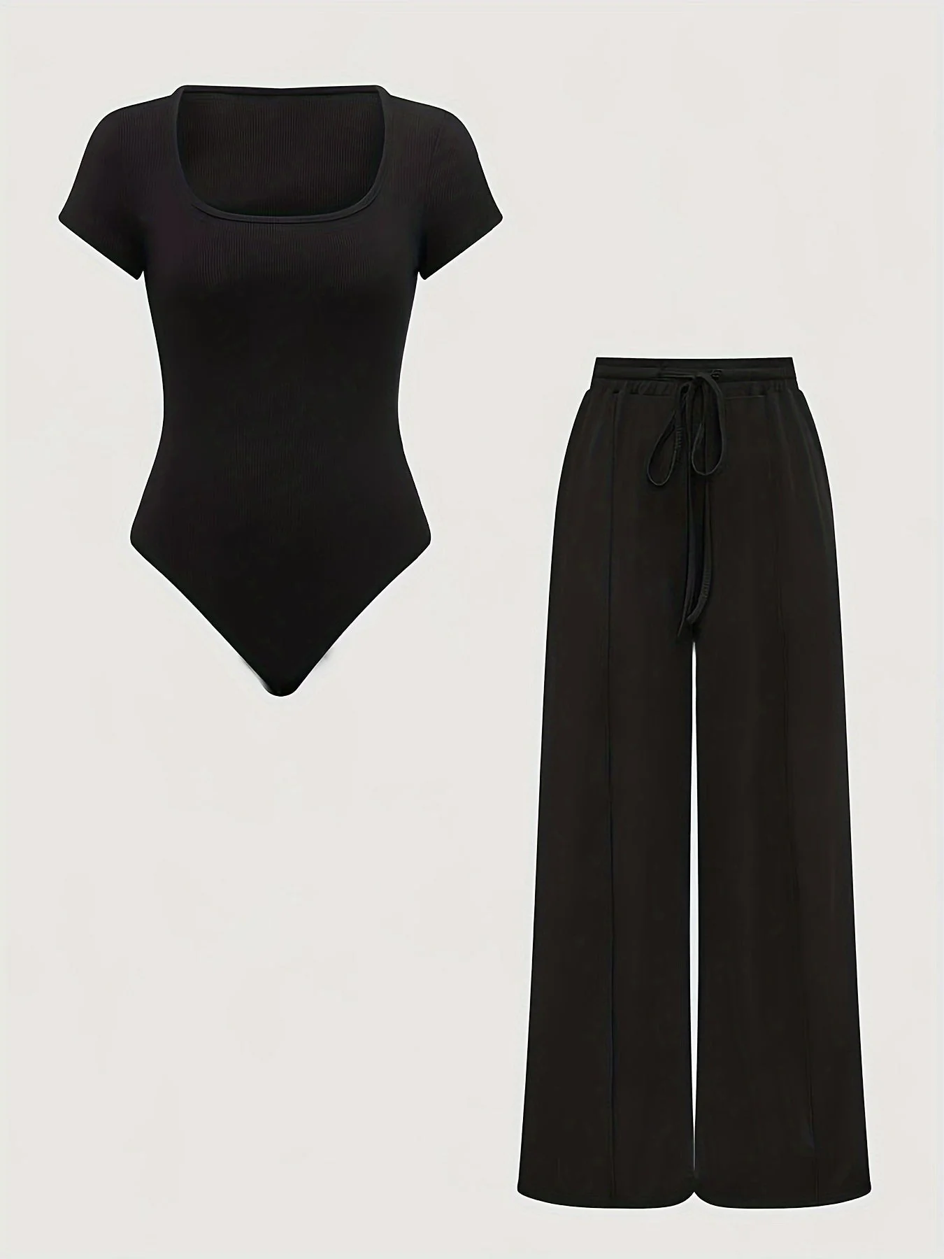 Damen Einteiler Set mit Square Neck Body und Weiten Hosen, Freizeit & Alltag
