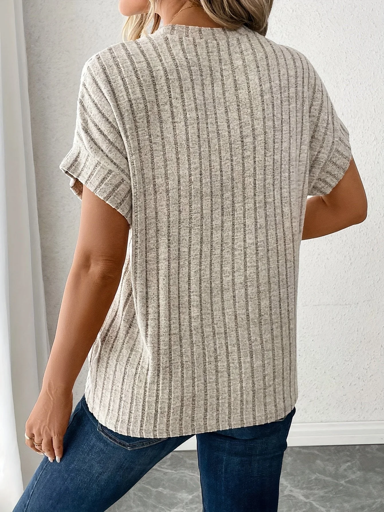 Damen Elegant Geripptes T-Shirt Kurzarm Freizeit Oberteil - Image 2