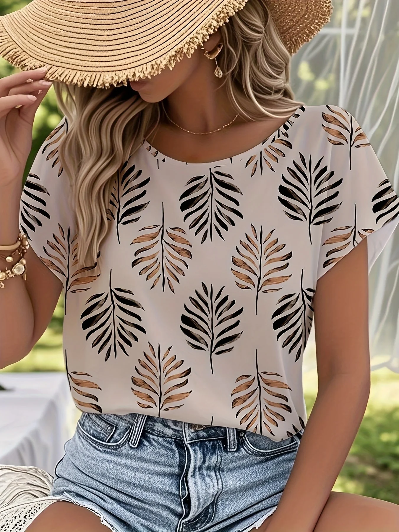 Damen Elegant Sommerbluse mit Blätterprint – Kurzarm, Freizeit & Outdoor Style - Image 2
