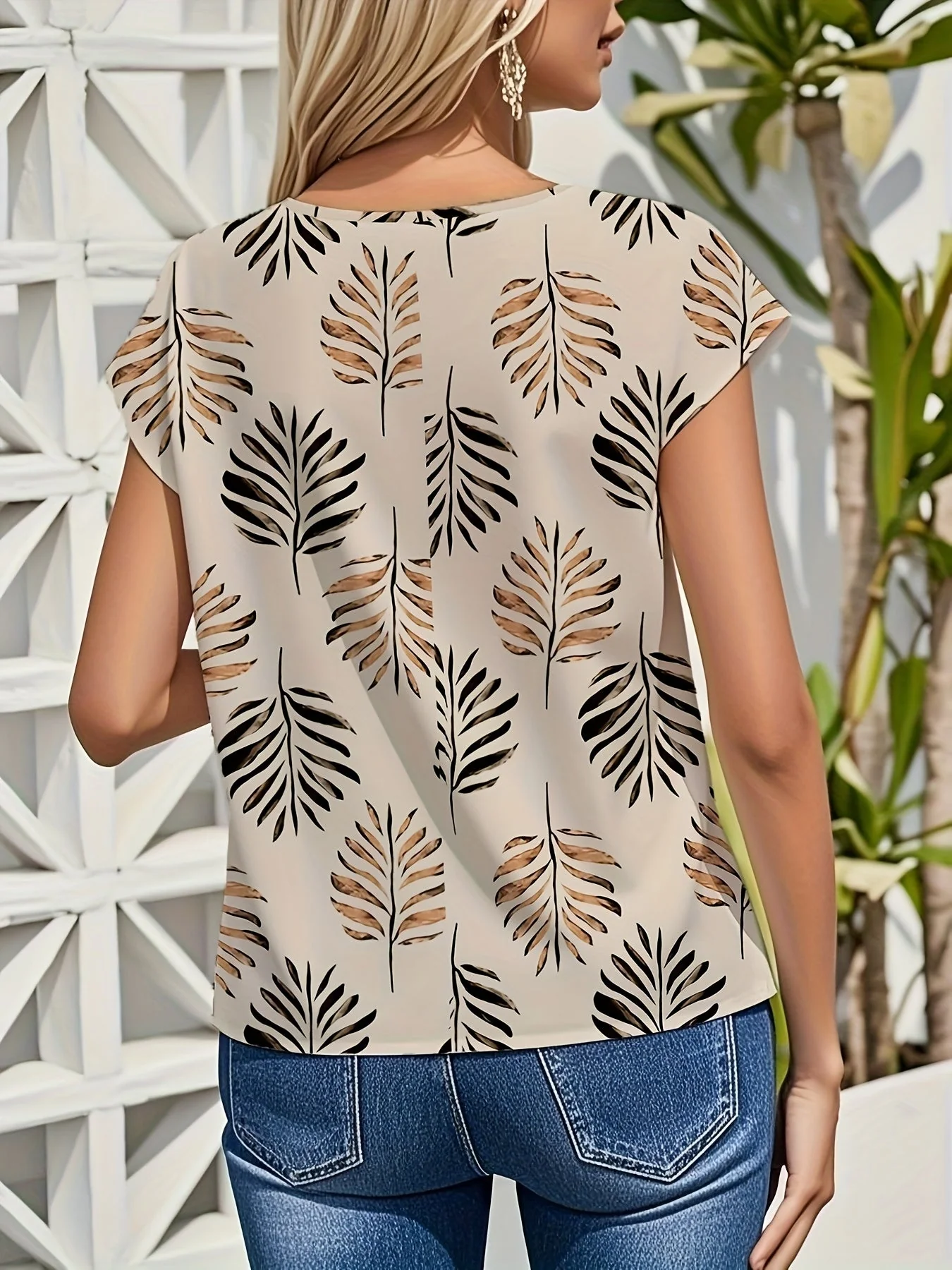 Damen Elegant Sommerbluse mit Blätterprint – Kurzarm, Freizeit & Outdoor Style - Image 3