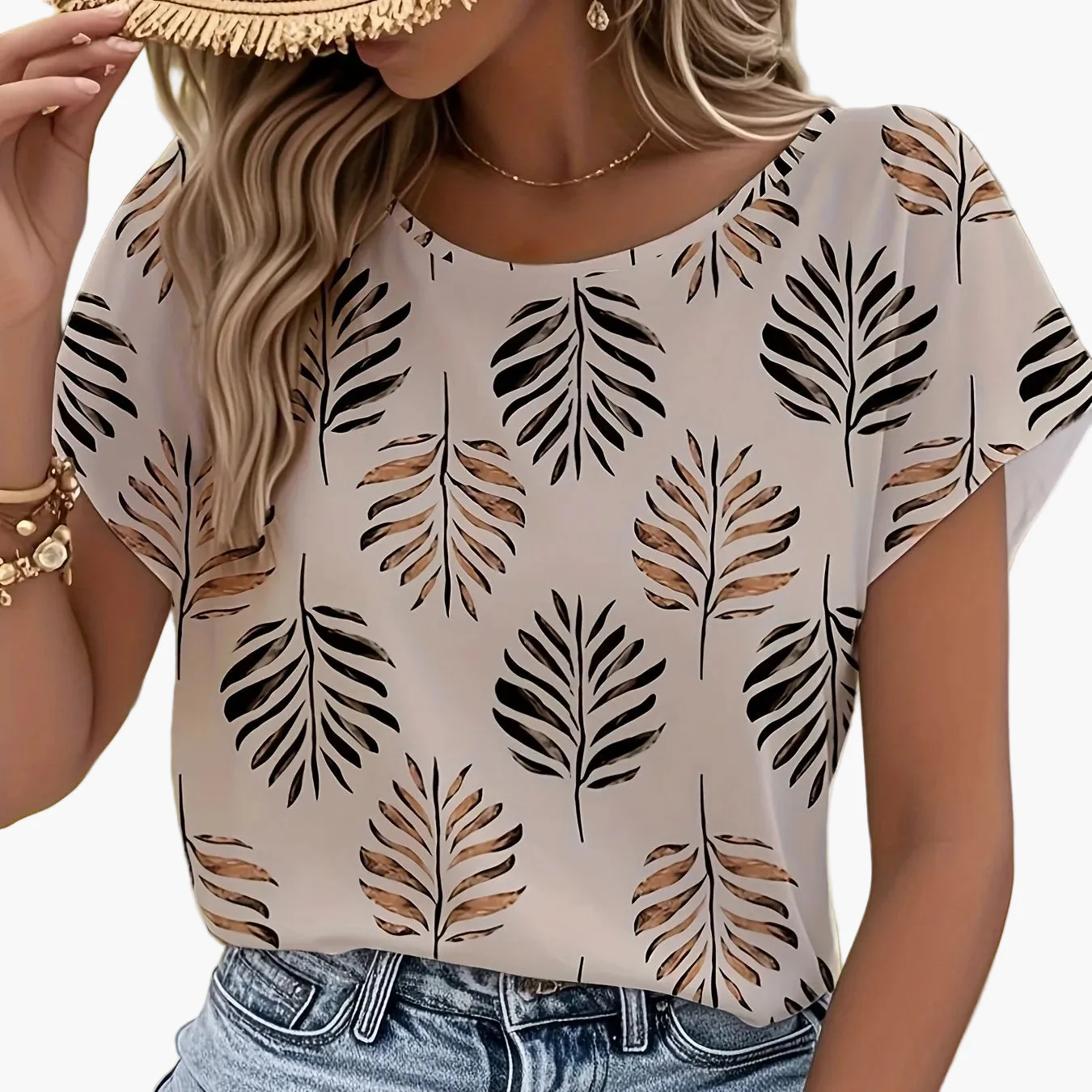 Damen Elegant Sommerbluse mit Blätterprint – Kurzarm, Freizeit & Outdoor Style - Image 9