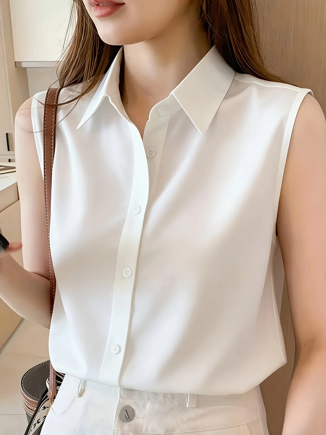 Damen Elegante Ärmellose Bluse mit Hemdkragen – Perfekt für Büro und Alltag