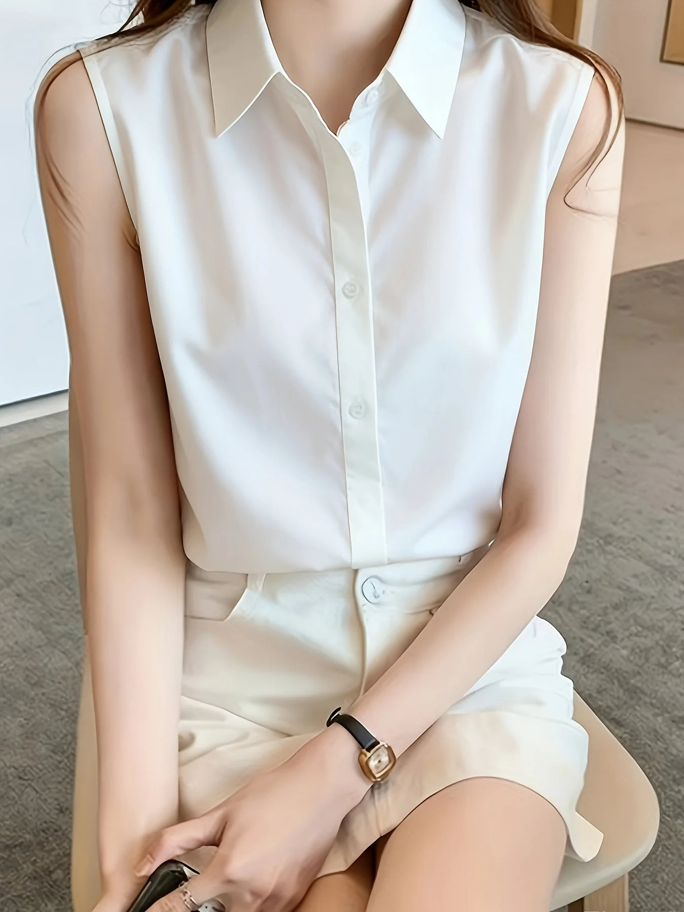 Damen Elegante Ärmellose Bluse mit Hemdkragen – Perfekt für Büro und Alltag - Image 4