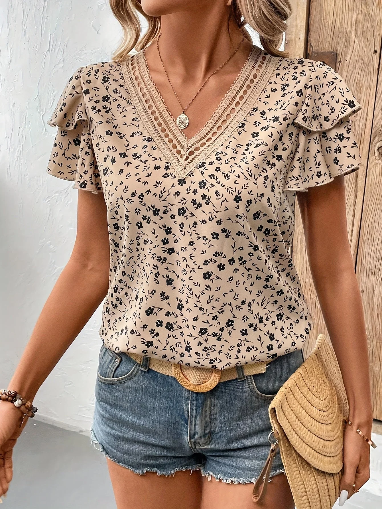 Damen Elegante Bluse mit Blumenmuster und V-Ausschnitt für Frühling und Sommer