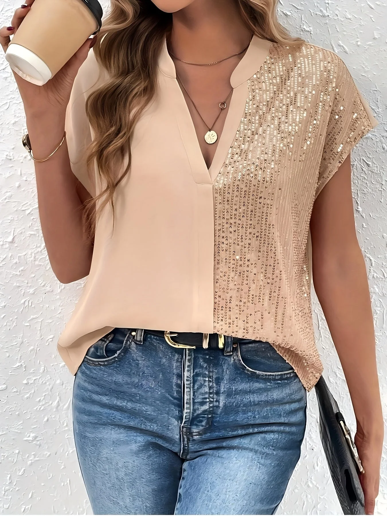 Damen Elegante Bluse mit Pailletten und V-Ausschnitt – Perfekt für Büro und Alltag - Image 2