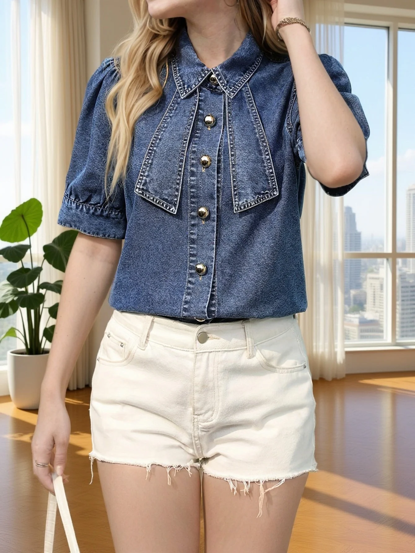 Damen Elegante Denim-Bluse mit Kurzarm und Statement-Kragen – Perfekt für Frühling und Sommer