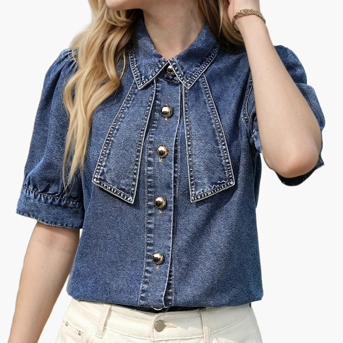 Damen Elegante Denim-Bluse mit Kurzarm und Statement-Kragen – Perfekt für Frühling und Sommer - Image 8