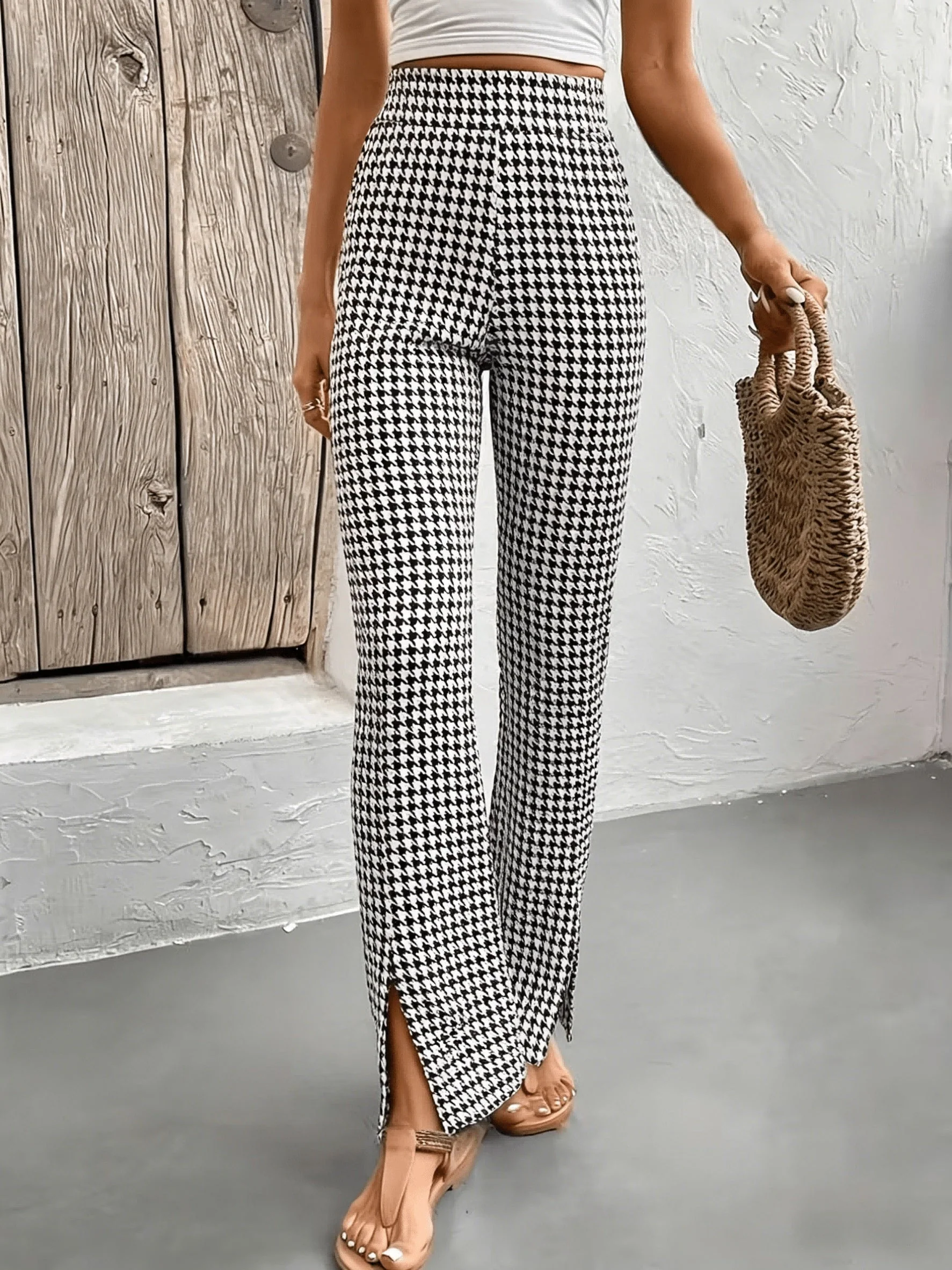 Damen Elegante Hahnentritt Flared Hose mit Schlitz – Perfekt für Ausgehen und Alltag