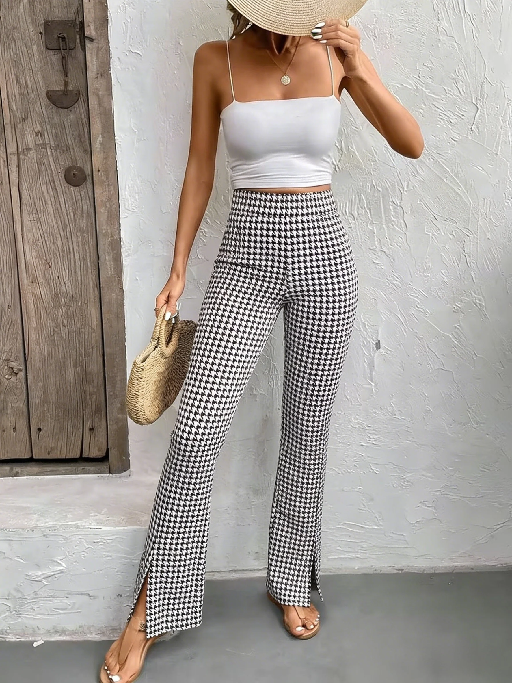 Damen Elegante Hahnentritt Flared Hose mit Schlitz – Perfekt für Ausgehen und Alltag - Image 4