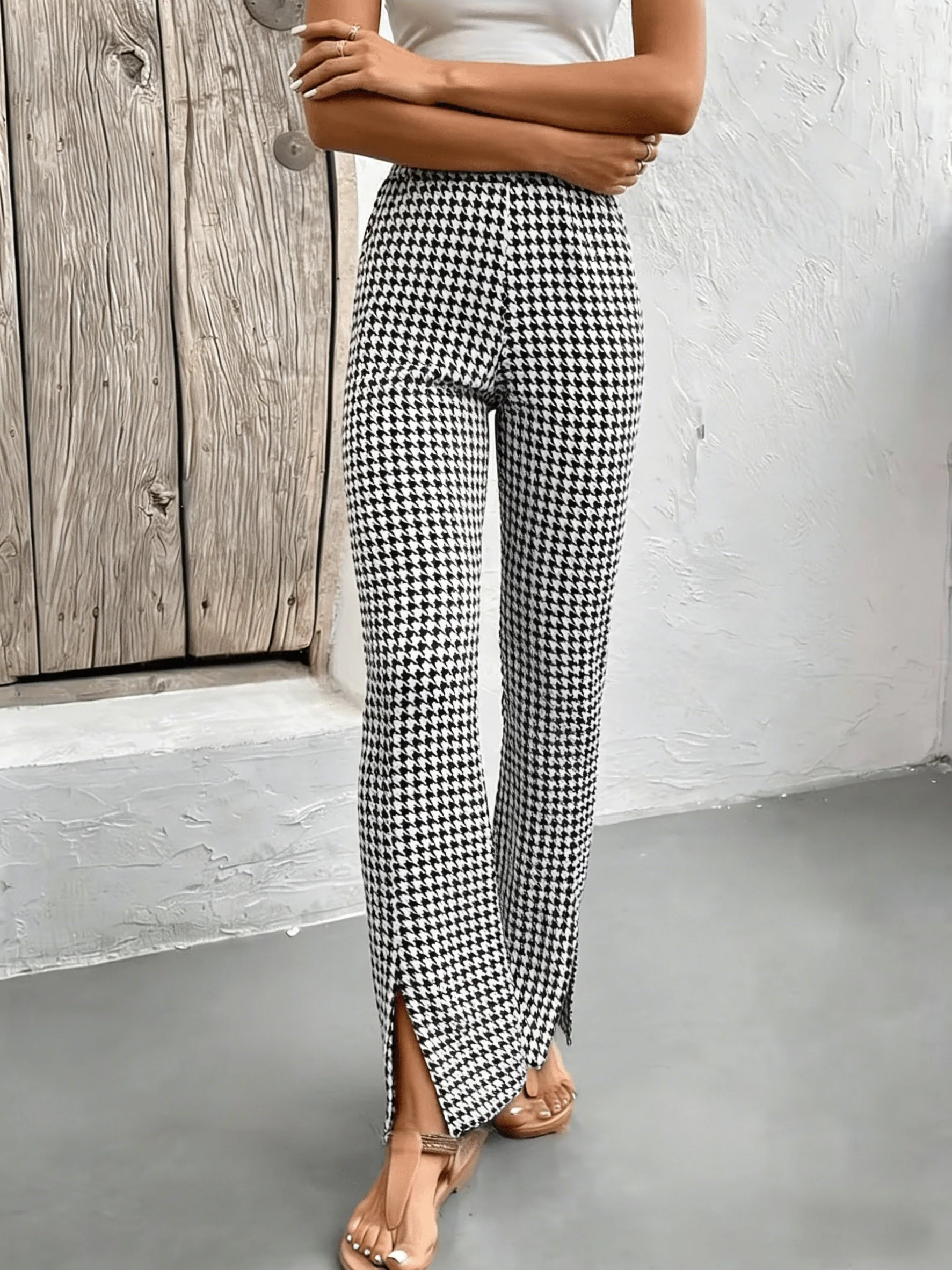 Damen Elegante Hahnentritt Flared Hose mit Schlitz – Perfekt für Ausgehen und Alltag - Image 5