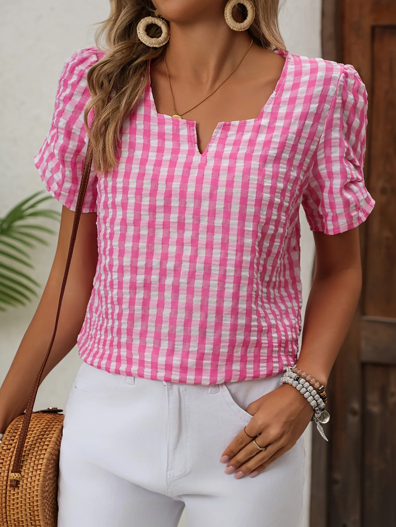 Damen Elegante Karierte Bluse mit Ausschnitt – Perfekt für Frühling & Sommer