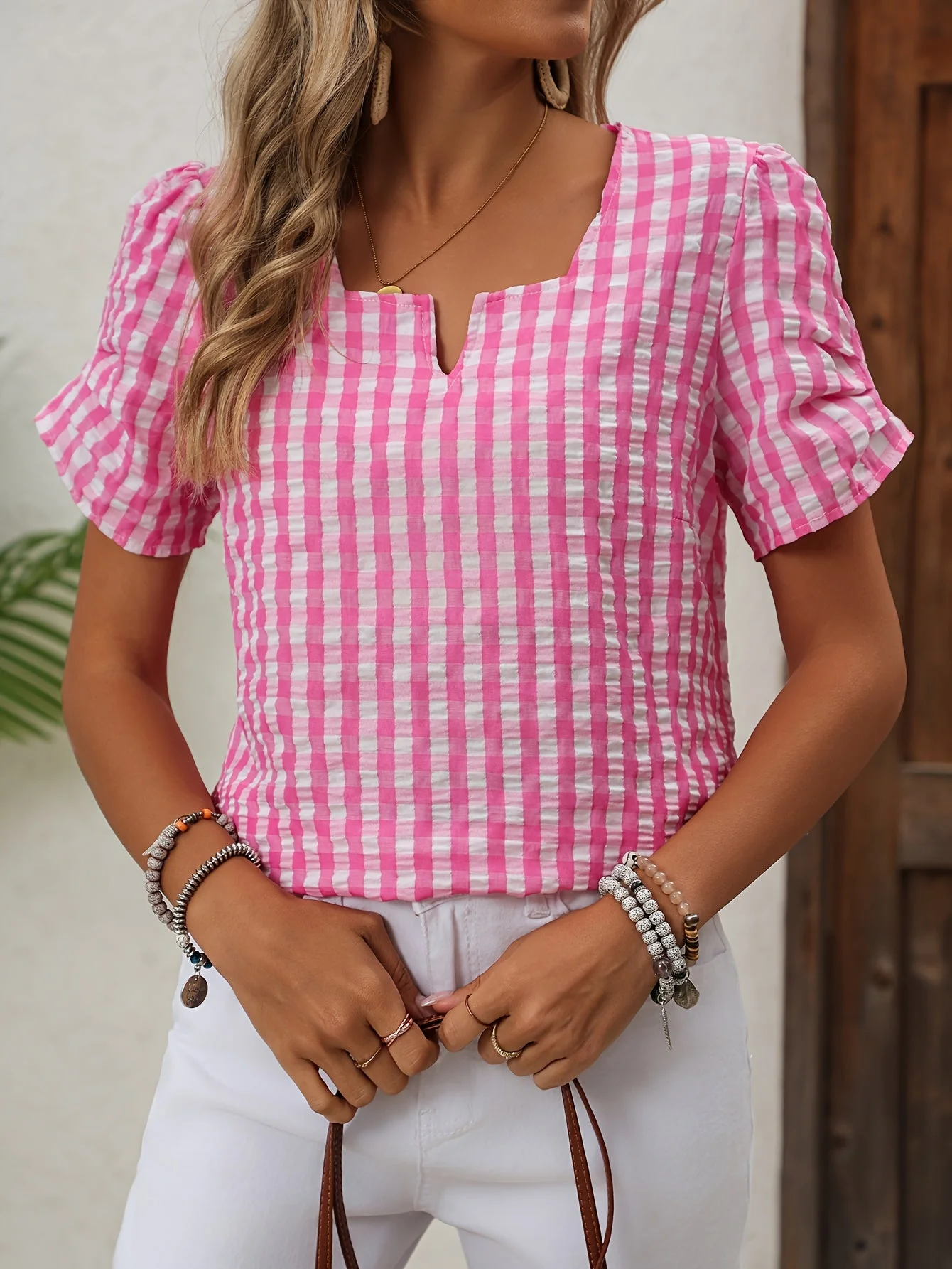 Damen Elegante Karierte Bluse mit Ausschnitt – Perfekt für Frühling & Sommer - Image 10