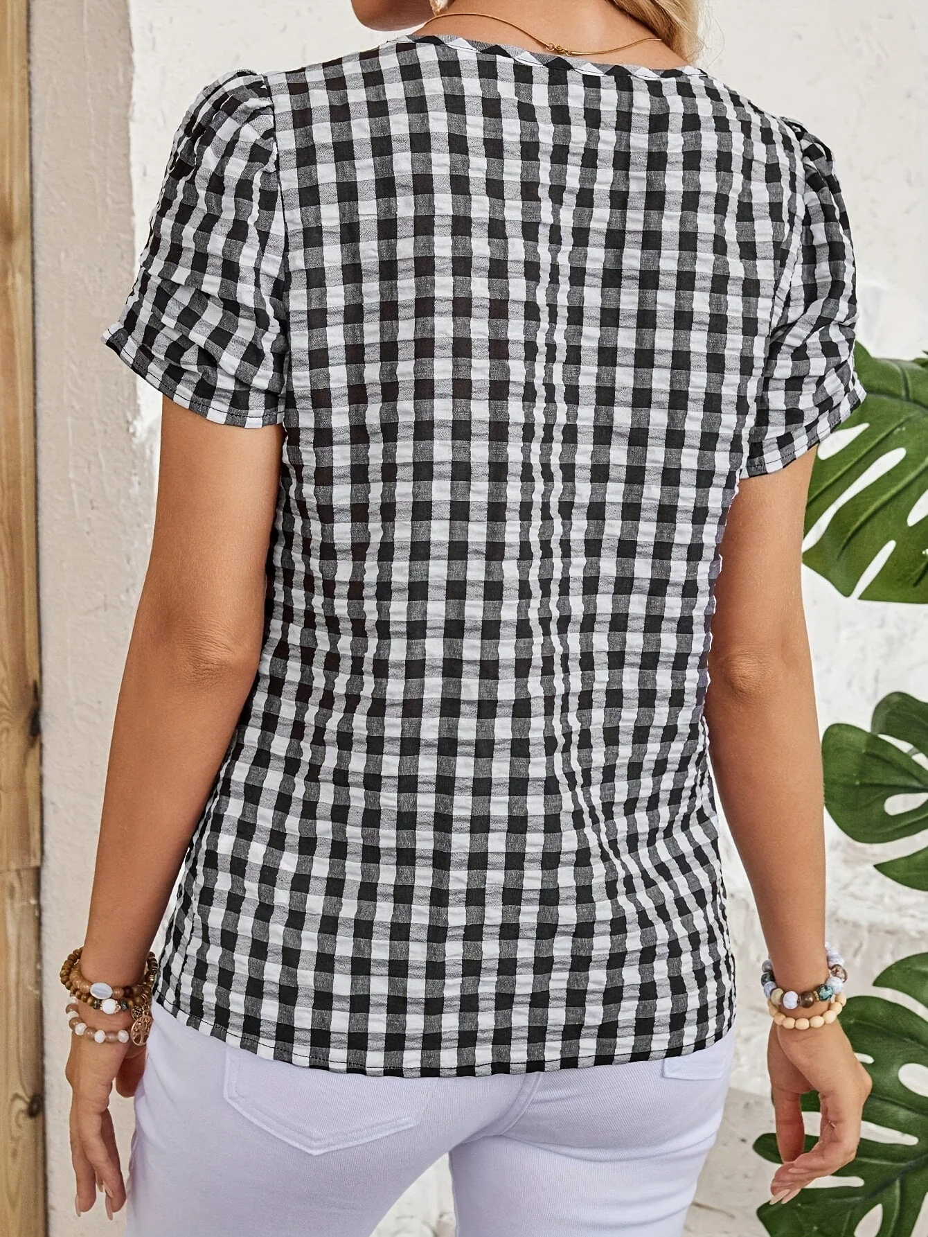 Damen Elegante Karierte Bluse mit Ausschnitt – Perfekt für Frühling & Sommer - Image 5