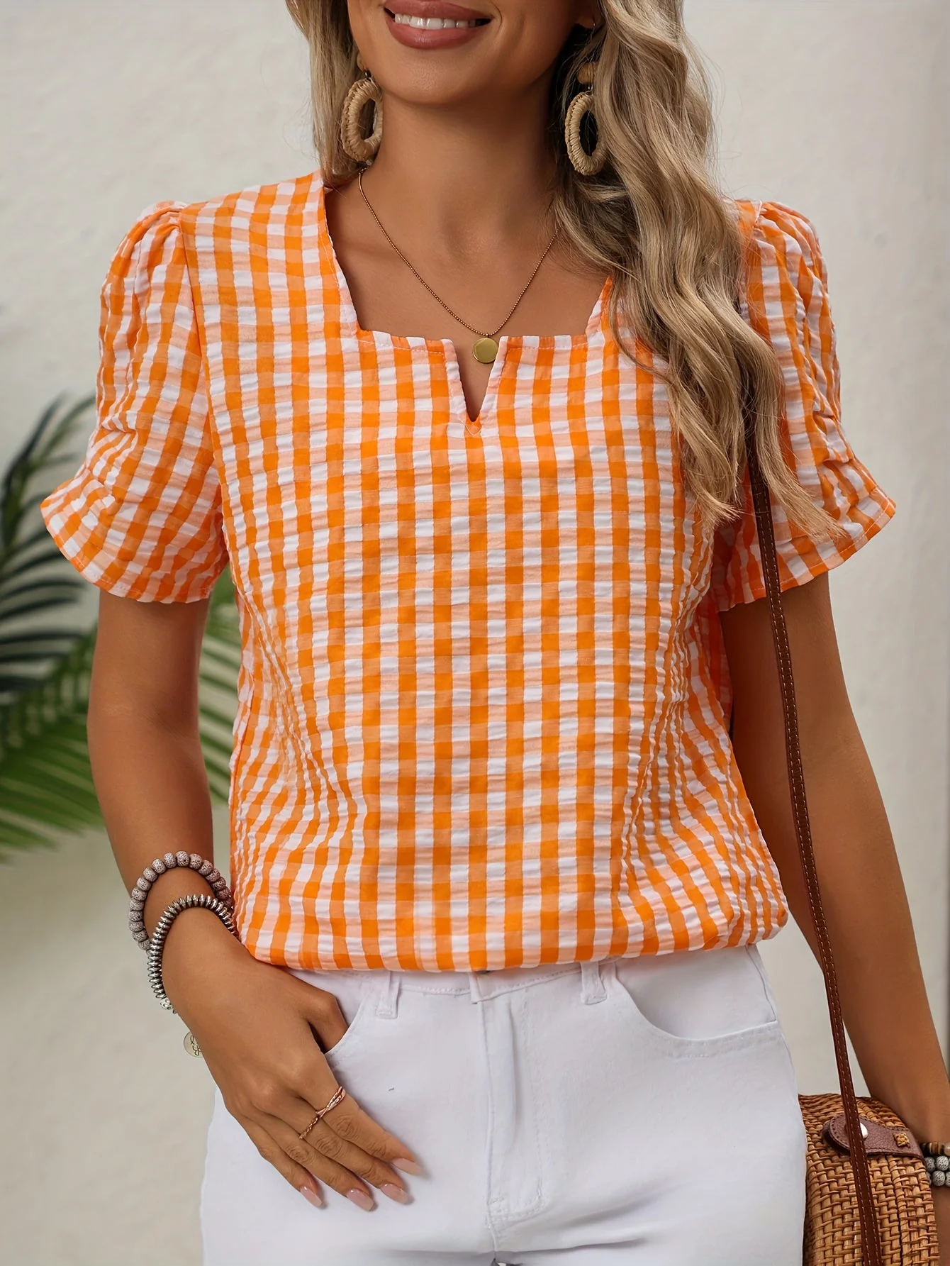 Damen Elegante Karierte Bluse mit Ausschnitt – Perfekt für Frühling & Sommer - Image 6