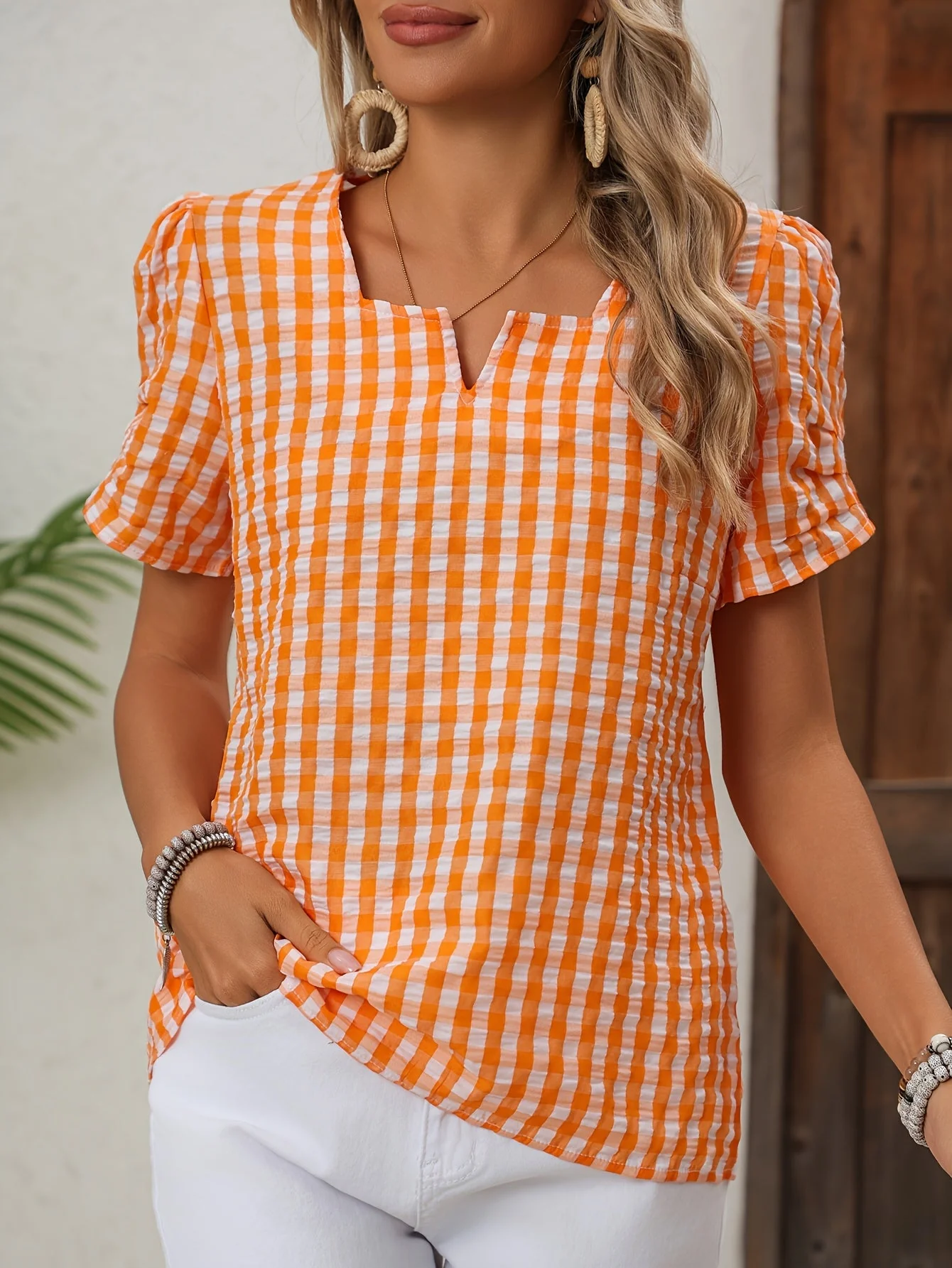 Damen Elegante Karierte Bluse mit Ausschnitt – Perfekt für Frühling & Sommer - Image 9