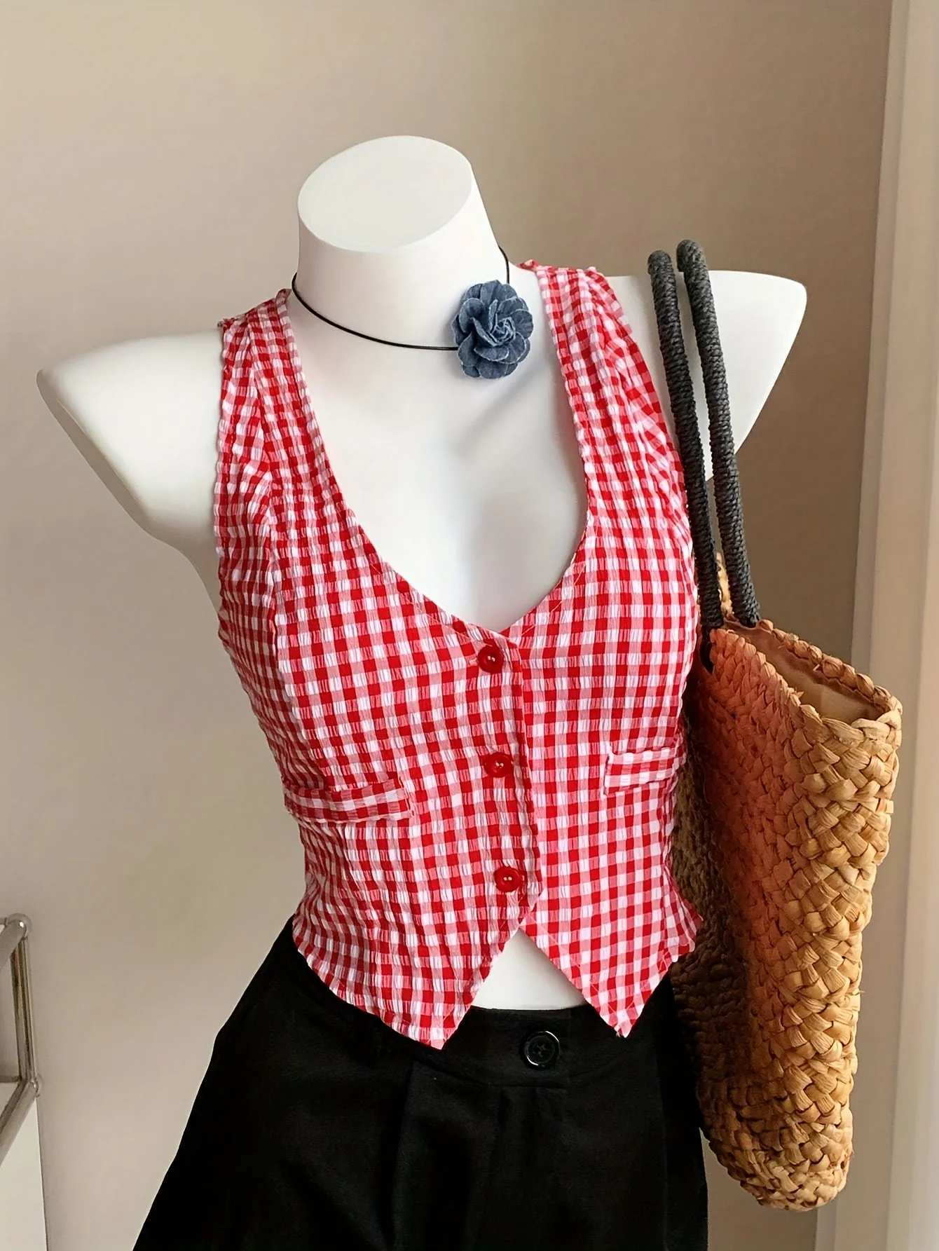 Damen Elegante Karierte Weste im Vintage Stil für Frühling und Sommer – Ärmellos, Kurz, Ideal für Alltag und Freizeit - Image 2