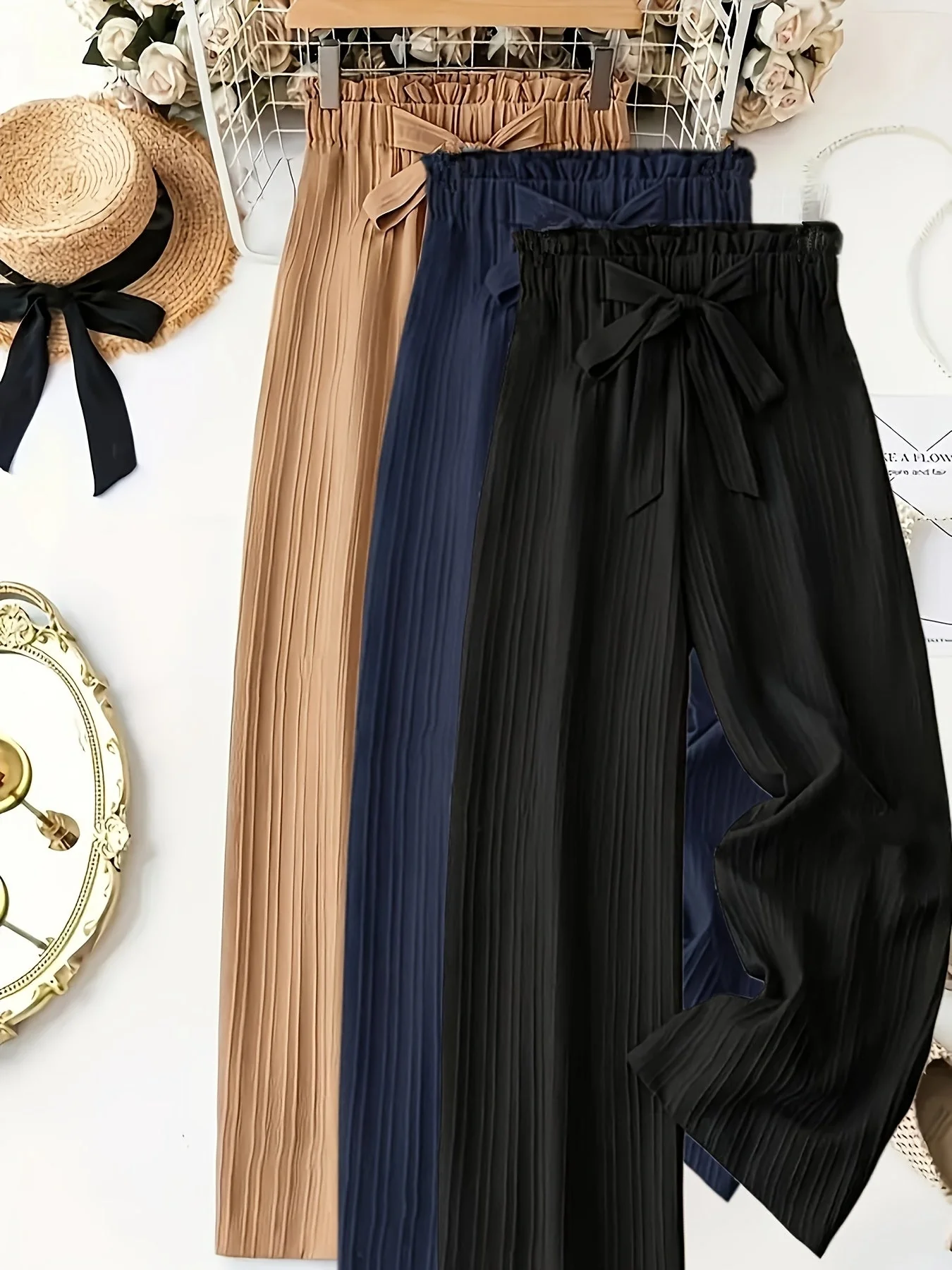Damen Elegante Plissee-Hose mit Schleifenbund, Weit Bein, Perfekt für Frühling und Sommer, Freizeit und Büro