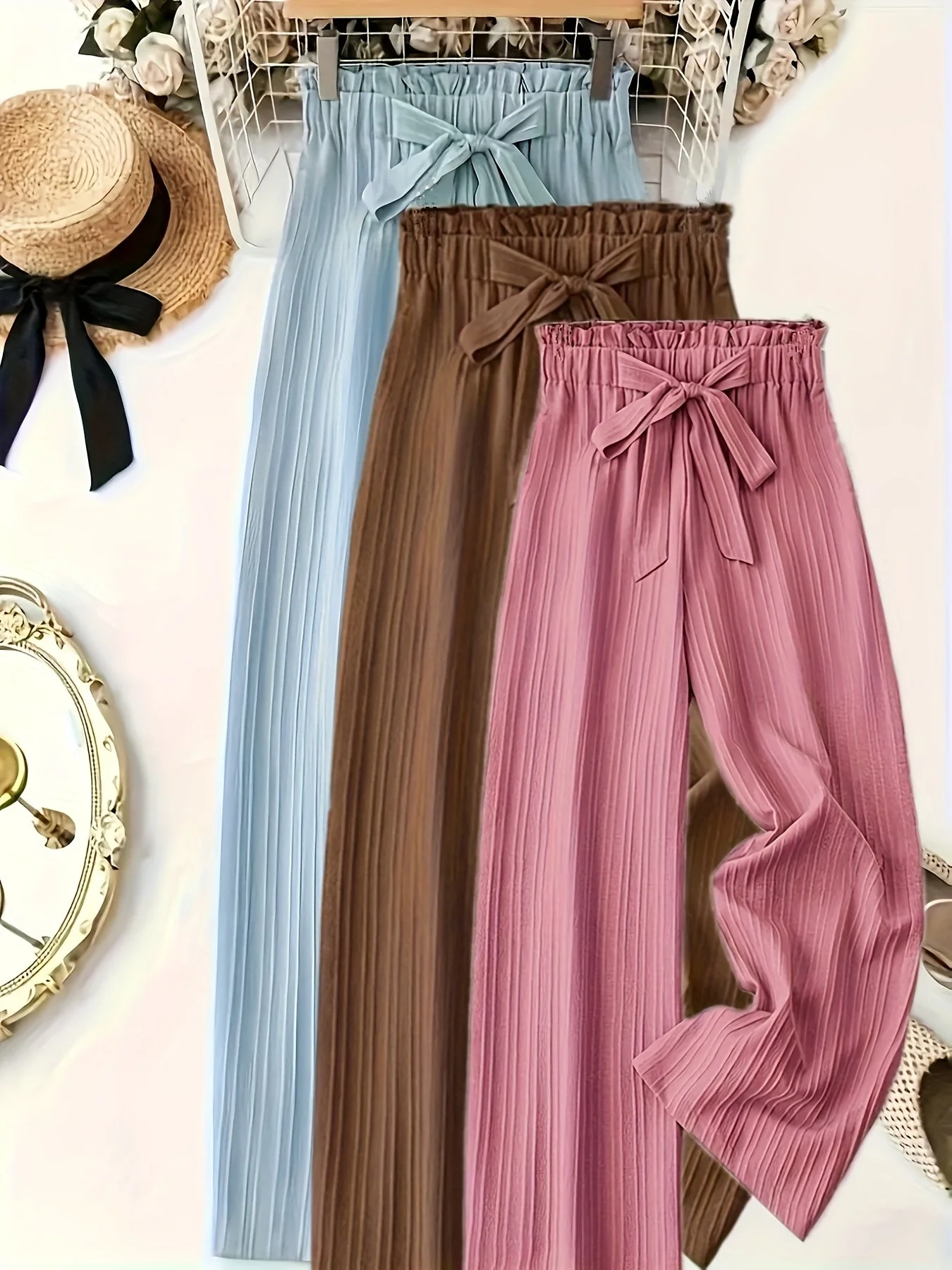 Damen Elegante Plissee-Hose mit Schleifenbund, Weit Bein, Perfekt für Frühling und Sommer, Freizeit und Büro - Image 2