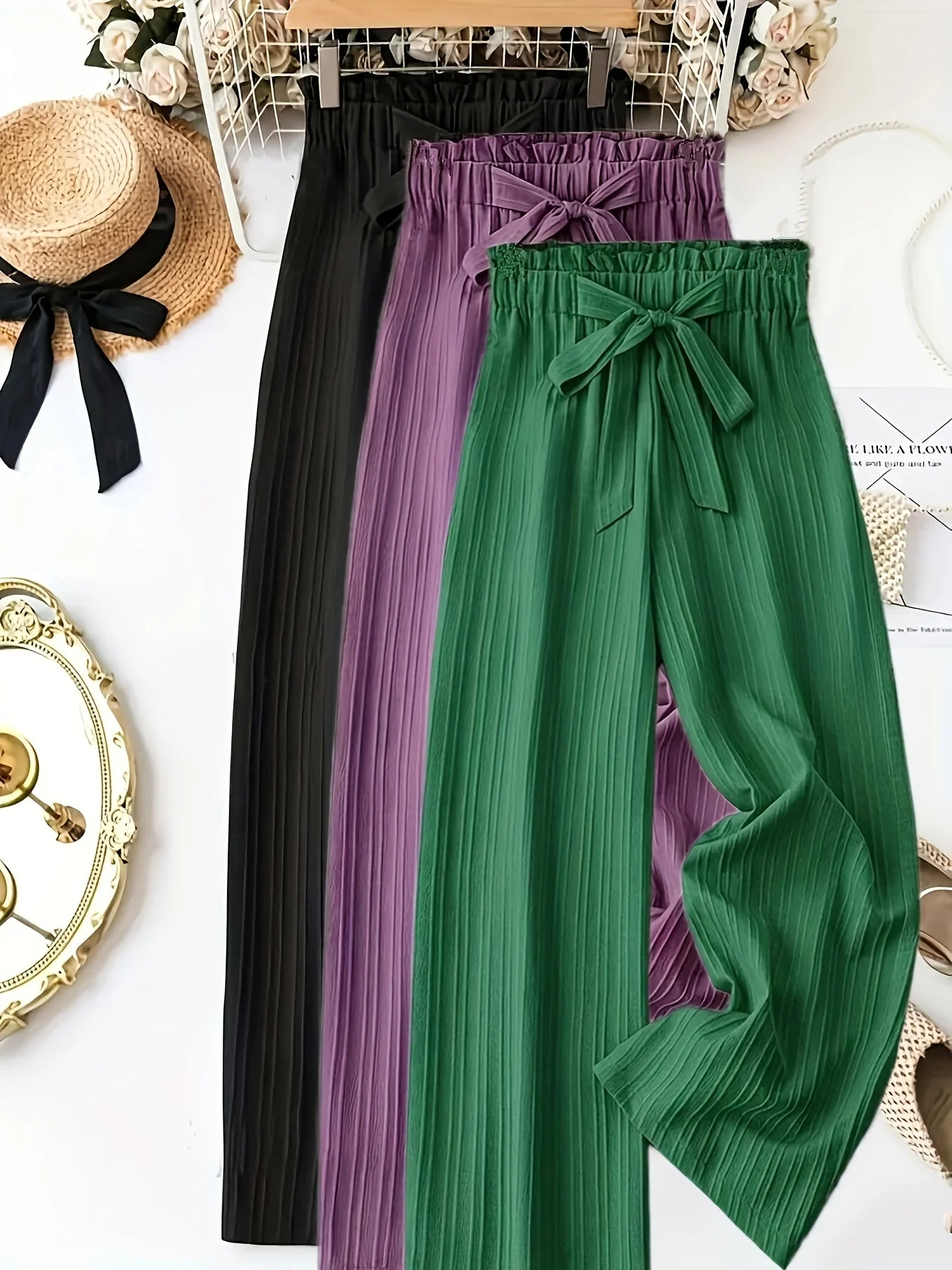 Damen Elegante Plissee-Hose mit Schleifenbund, Weit Bein, Perfekt für Frühling und Sommer, Freizeit und Büro - Image 3