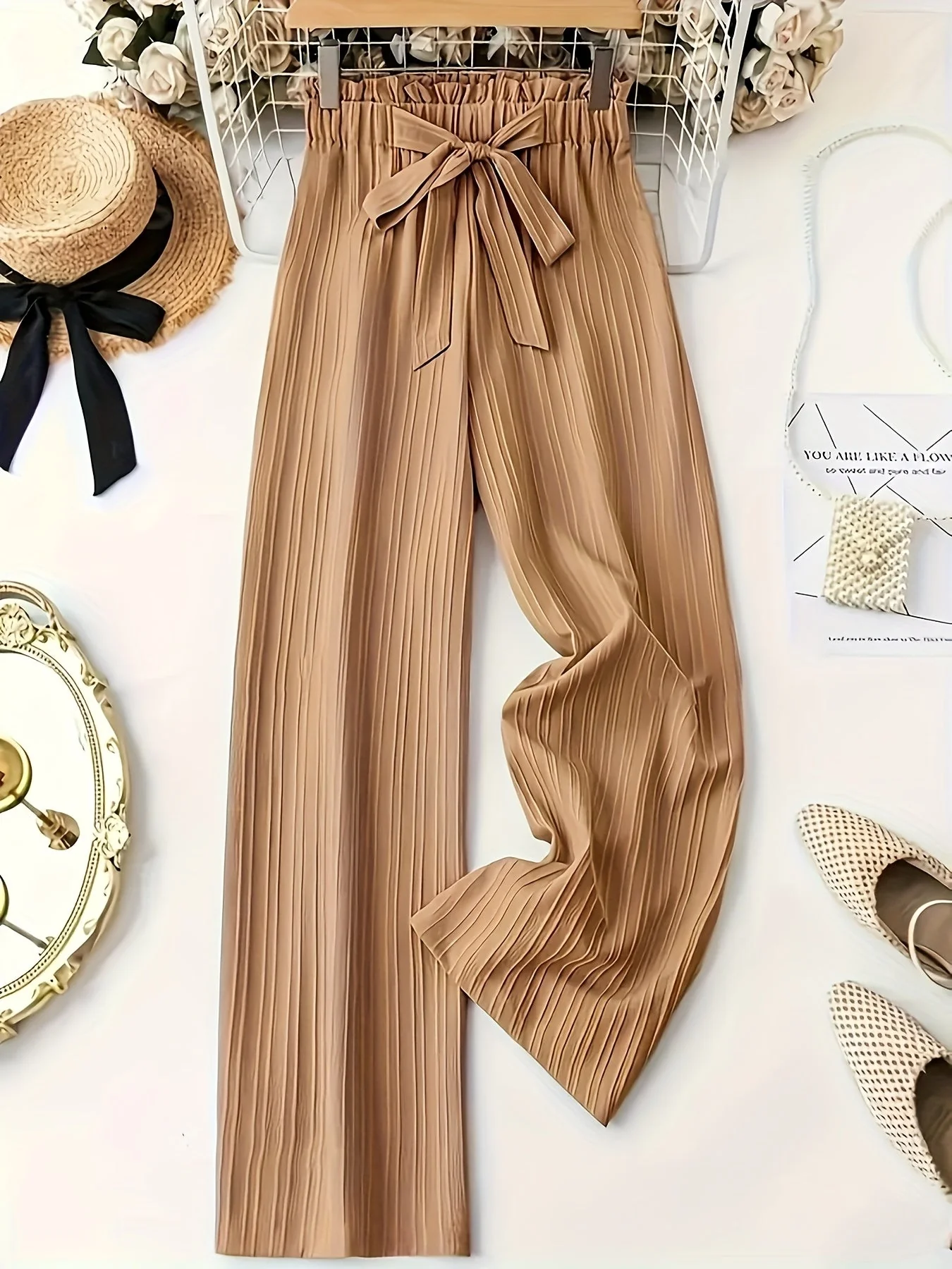 Damen Elegante Plissee-Hose mit Schleifenbund, Weit Bein, Perfekt für Frühling und Sommer, Freizeit und Büro - Image 4