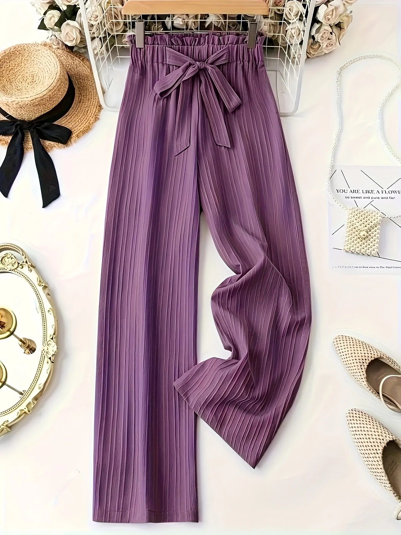 Damen Elegante Plissee-Hose mit Schleifenbund, Weit Bein, Perfekt für Frühling und Sommer, Freizeit und Büro - Image 6