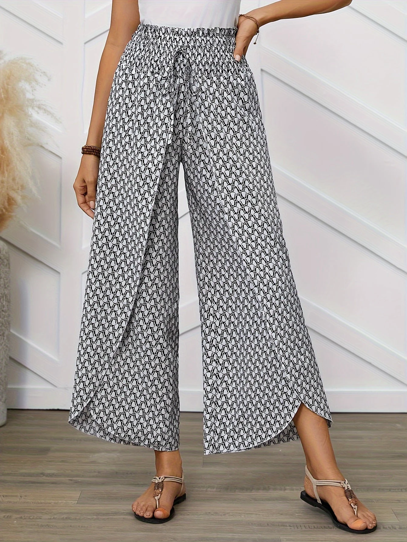 Damen Elegante Weit Bein Wickelhose mit geometrischem Muster für Frühling und Sommer