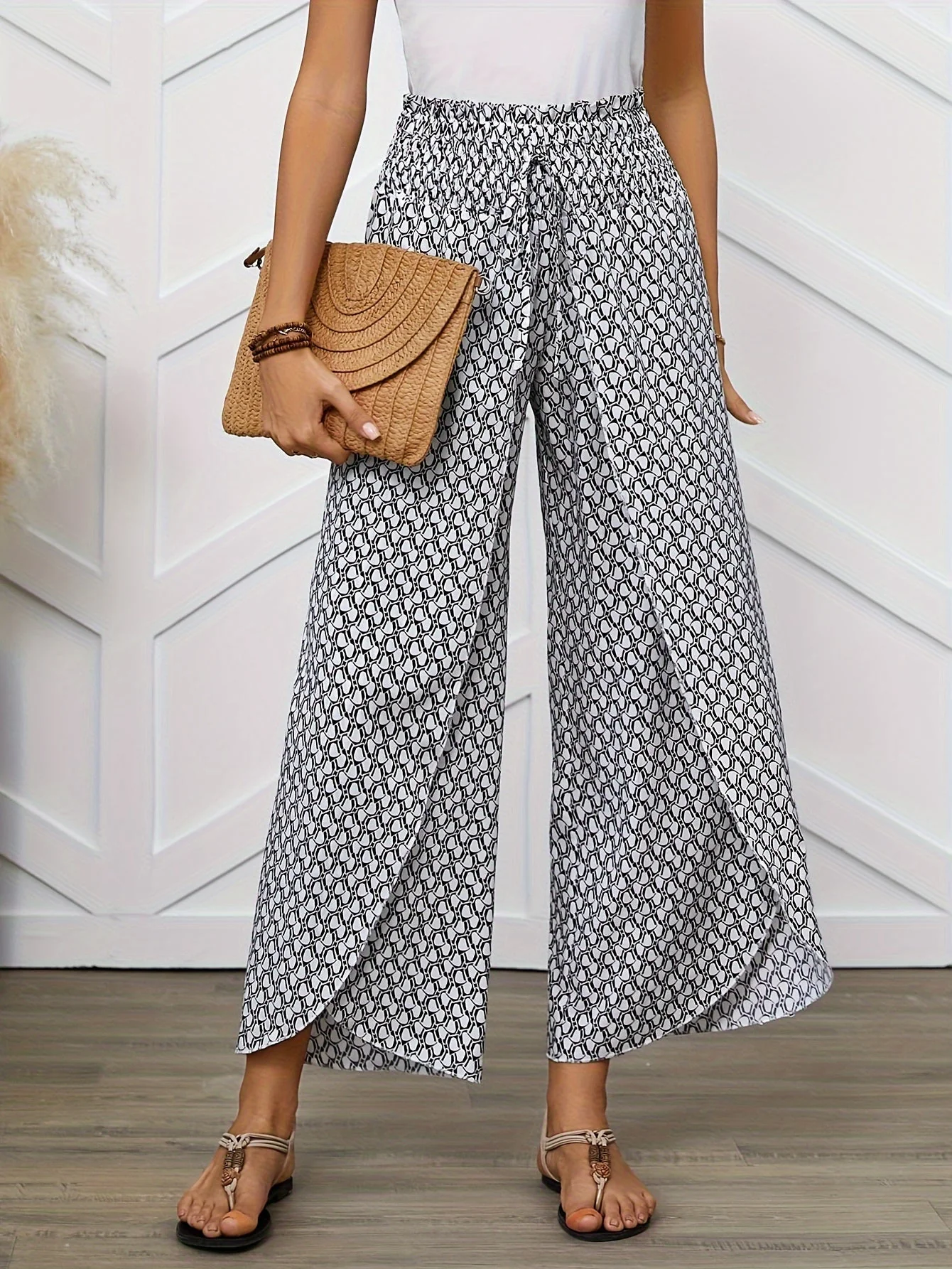 Damen Elegante Weit Bein Wickelhose mit geometrischem Muster für Frühling und Sommer - Image 5