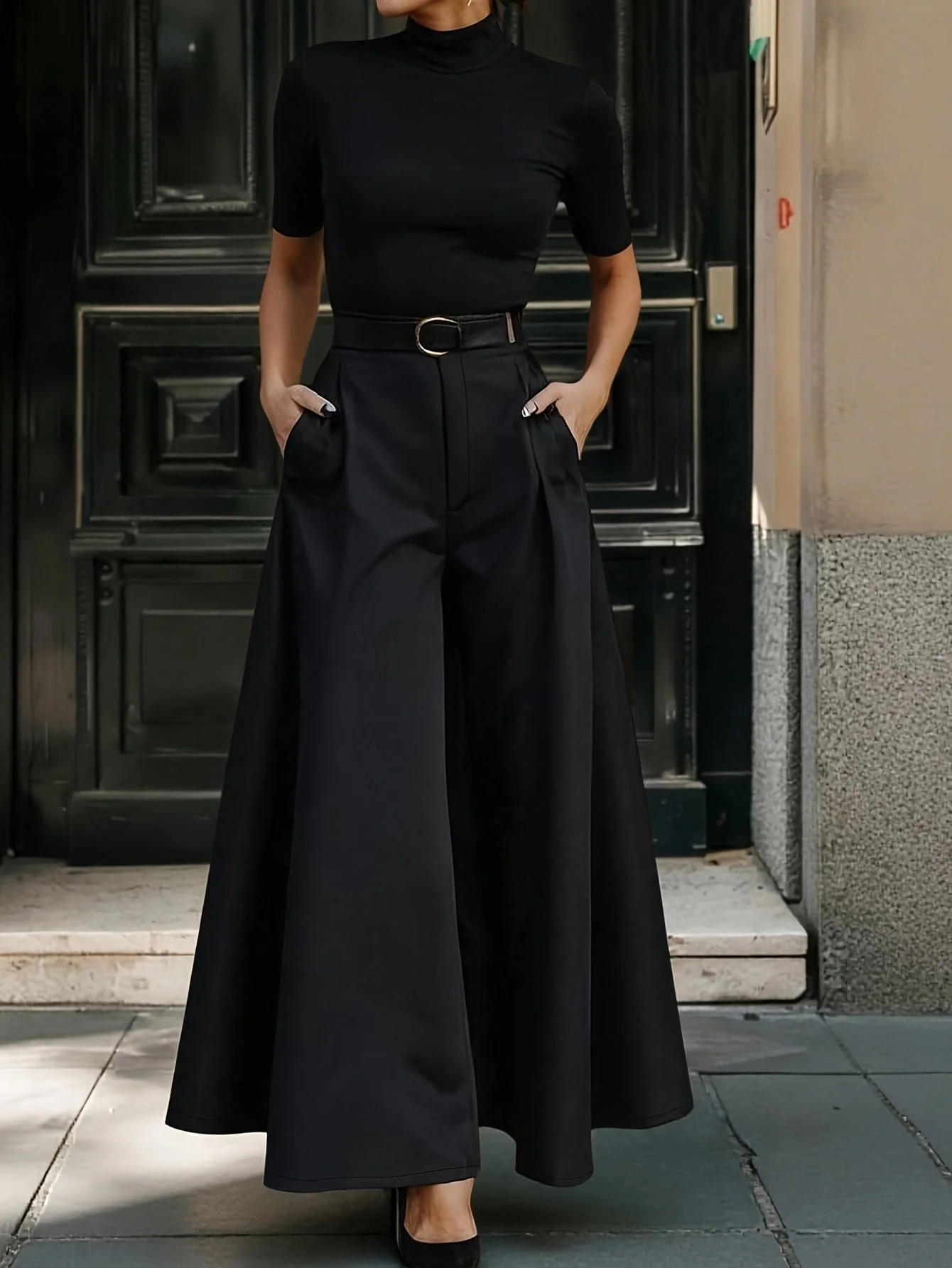 Damen Elegante Weite High-Waist Palazzo Hose mit Gürtel für Büro und Freizeit