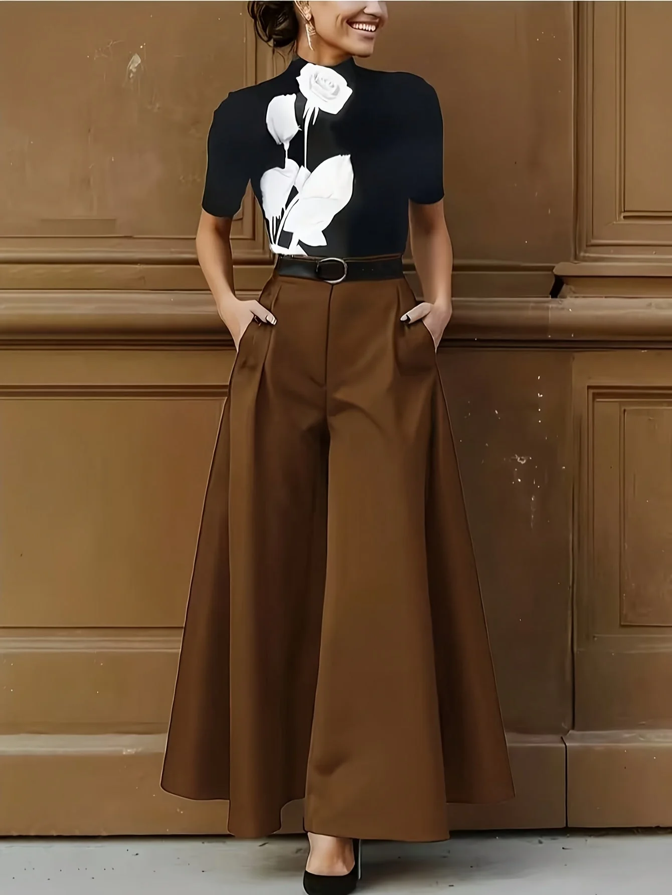 Damen Elegante Weite High-Waist Palazzo Hose mit Gürtel für Büro und Freizeit - Image 3