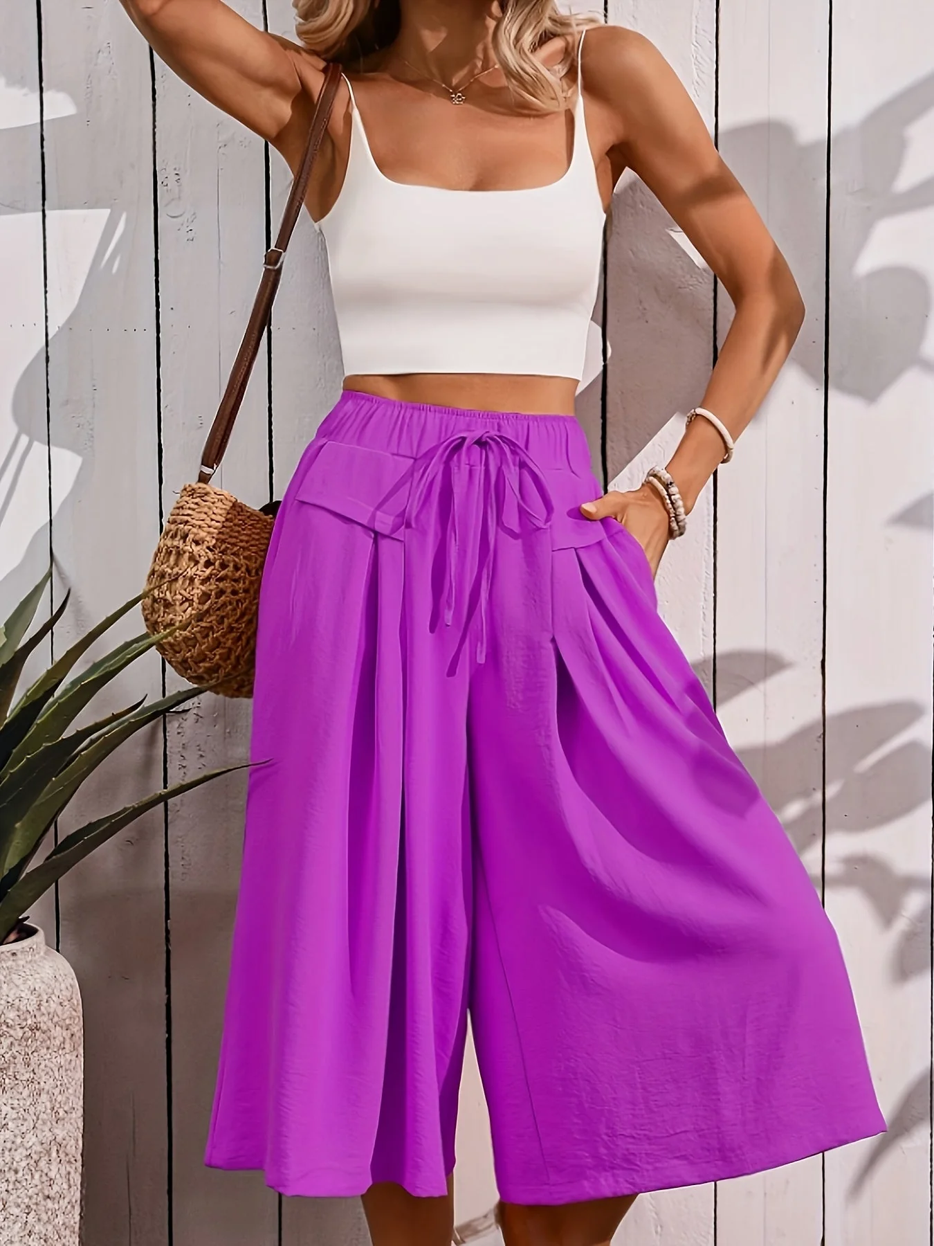 Damen Elegante Weite Sommer Culotte Hose mit Bindegürtel – Modische Caprihose für Freizeit und Urlaub - Image 10