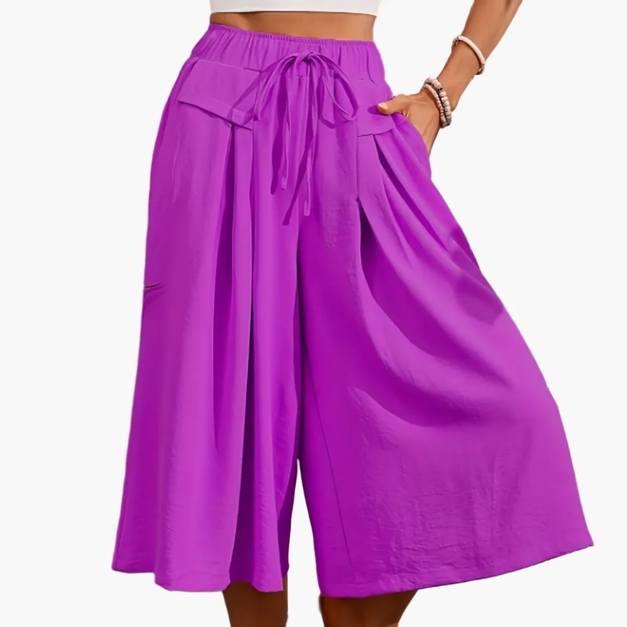Damen Elegante Weite Sommer Culotte Hose mit Bindegürtel – Modische Caprihose für Freizeit und Urlaub - Image 20