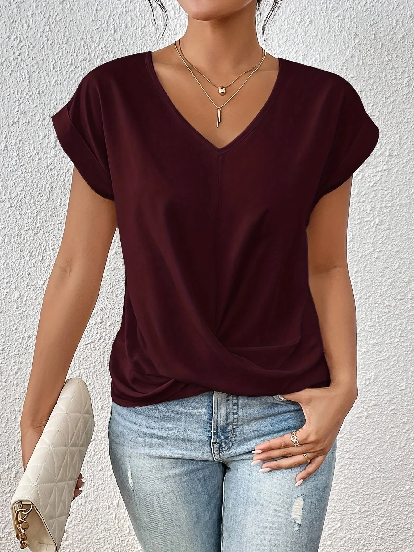 Damen Elegante Wickelbluse mit V-Ausschnitt für Alltag und Büro - Image 2